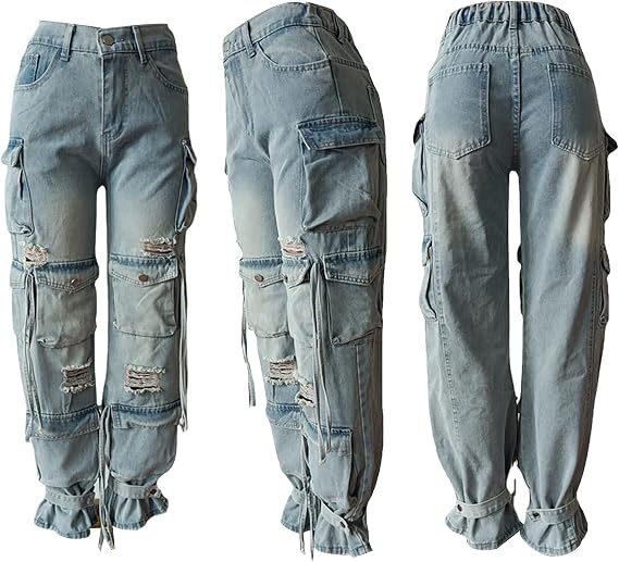 Lucuna Women Baggy Cargo Jeans Y2k High Waisted Wide Leg Denim Pants