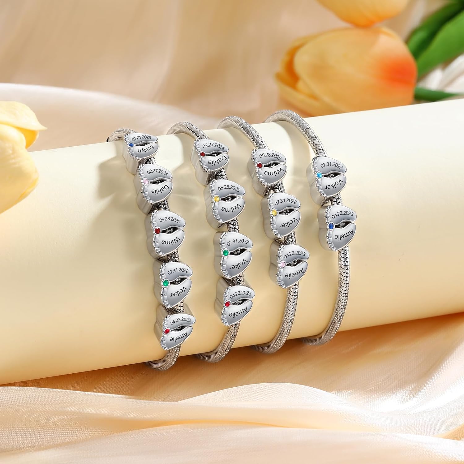 Jeweidea Personalized Foot Charm Birthstone Bracelet – Custom Engraved Bracelet with 1–5 Foot Charms, Name and Date Engraving, Meaningful Jewelry Gift for Mom Wife