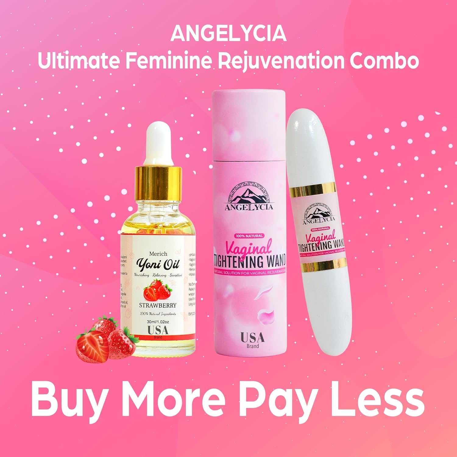 ANGELYCIA Ultimate Feminine Rejuvenation Combo, Virginity Wand and Feminine Yoni Detox Oil Strawberry, Vaginal Tightening Solution, Restores pH Balance for Women,