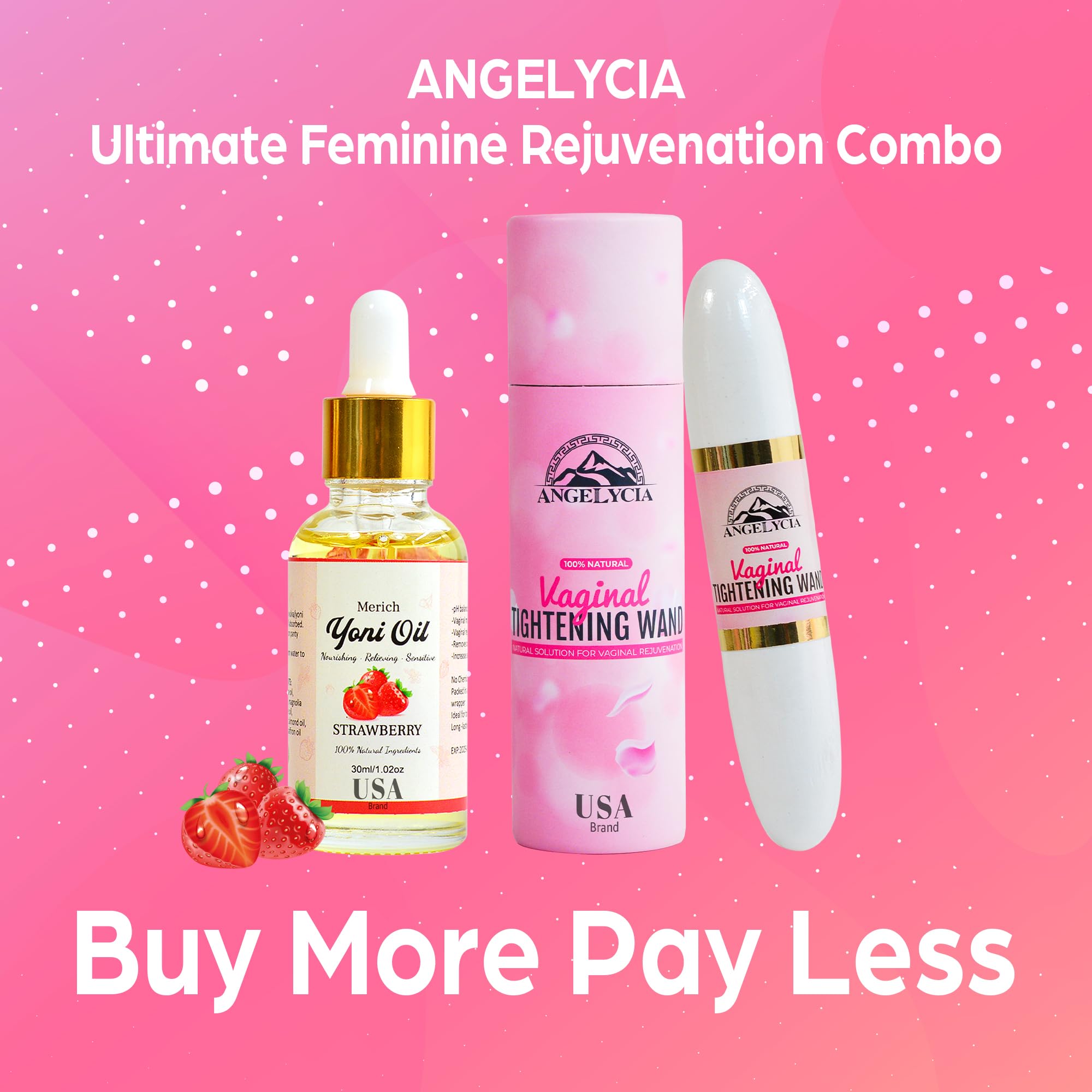 ANGELYCIA Ultimate Feminine Rejuvenation Combo, Virginity Wand and Feminine Yoni Detox Oil Strawberry, Vaginal Tightening Solution, Restores pH Balance for Women,