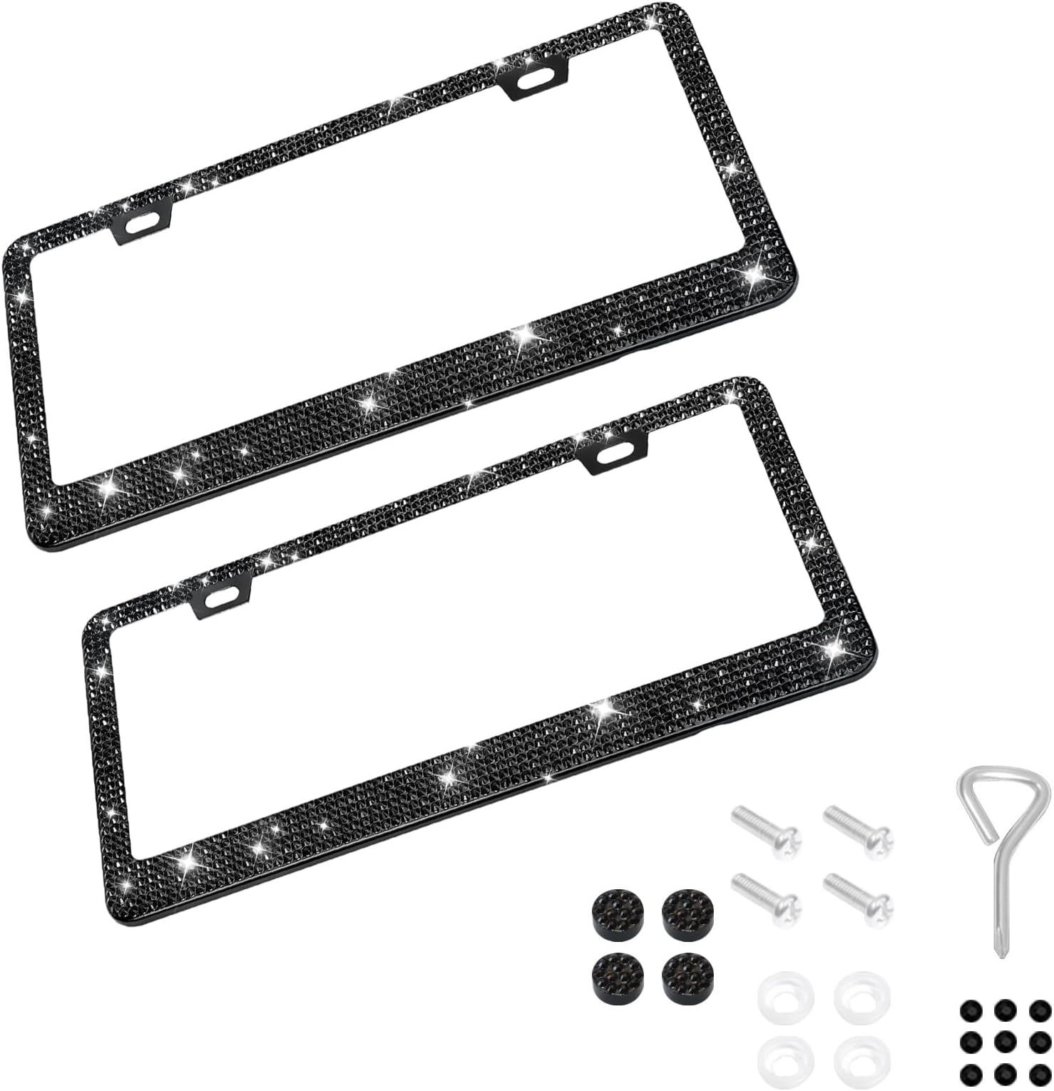Duomama 2 Pack Rhinestone License Plate Frames - Premium Stainless Steel Sparkle Black Crystal Diamond Bling Tag Cover for Women - Handmade Glitter Bedazzled Holder - Sparkly Car Accessories