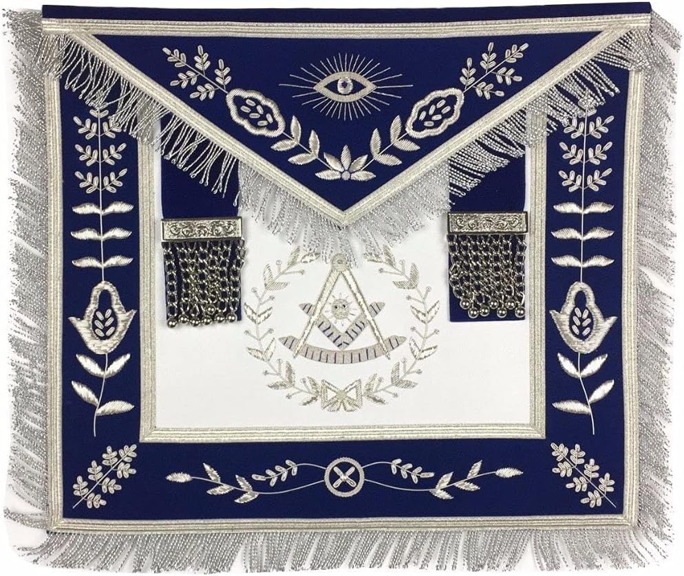 BRICKS MASONS Masonic Blue Lodge Past Master Silver Handmade Embroidery Apron Blue