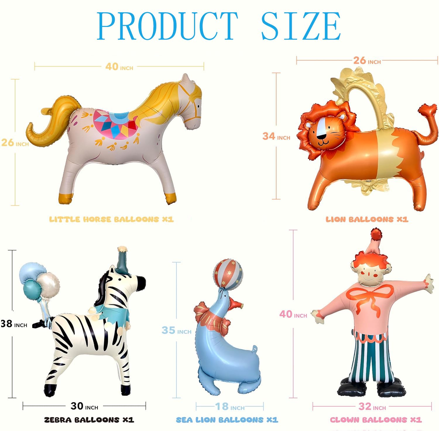 Juego de 5 globos de aluminio de pie con animales de circo, carrusel, león, cebra, león marino, payaso, decoración de fiesta temática de carnaval, para niños, cumpleaños, aula, evento de