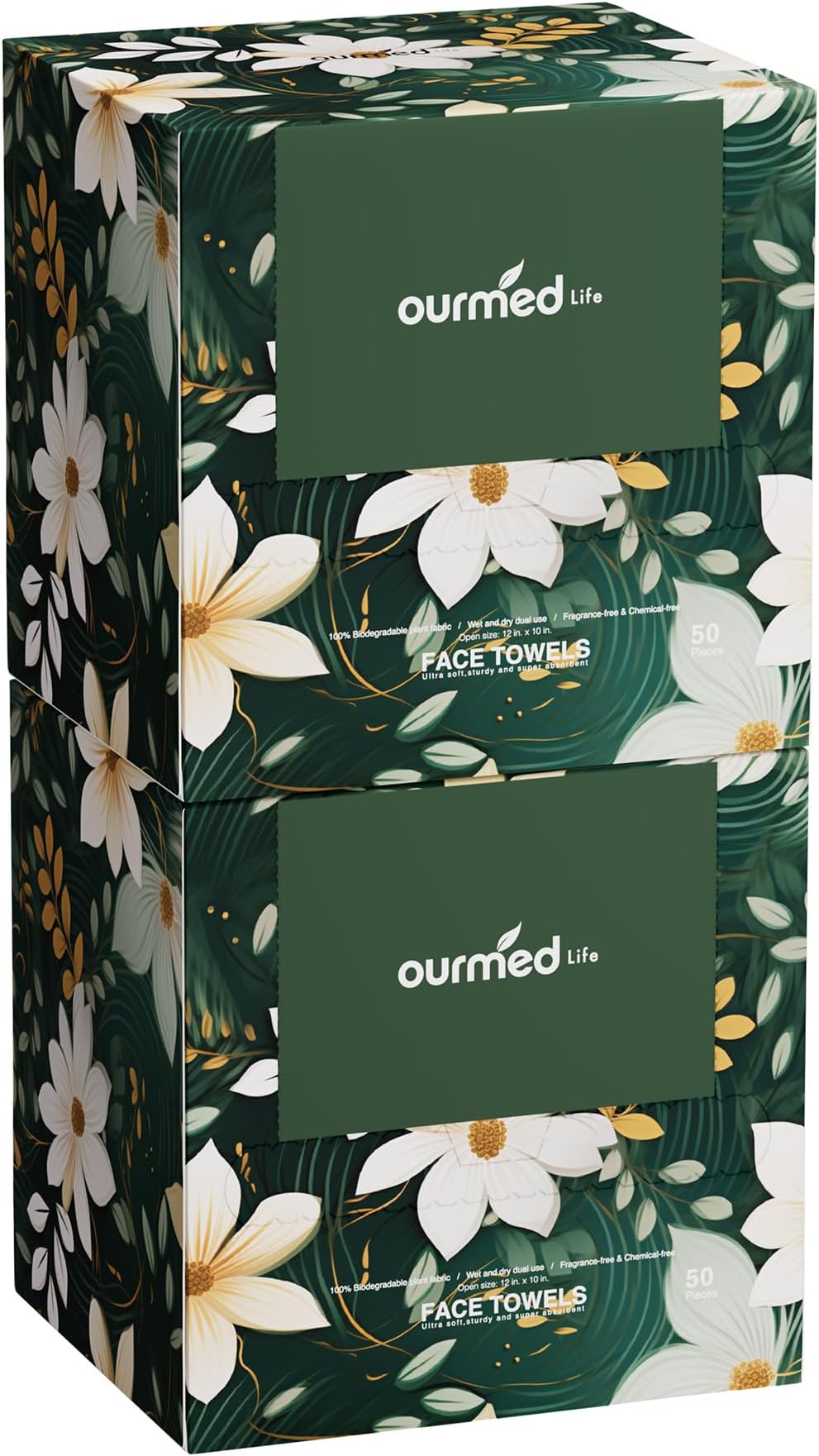 Ourmed Life Disposable Face Towels, 12 x 10 Inch Extra Large Biodegradable Facial Towels, Dual-Sided Pearl Texture Lint-Free Dry Wipes for Sensitive Skin, Makeup Removal, Cleansing & Skincare, 100 Ct