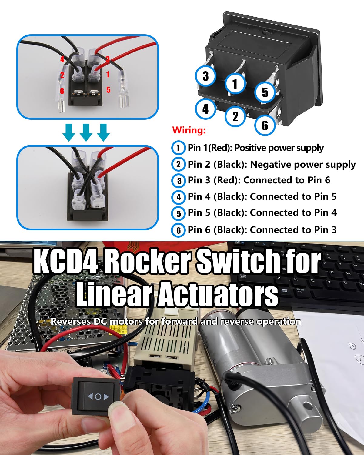 Produktbild von MKBKLLJY 4St. Momentaner Polaritätsumkehrschalter Wasserdichter Steuerwippschalter DC Motor 10A (LED DC 12V) 6 Pin 3 Positionen (ON)-Off-(ON) Mit Überbrückungsdrähten LED 2Farben (Rot/Blau