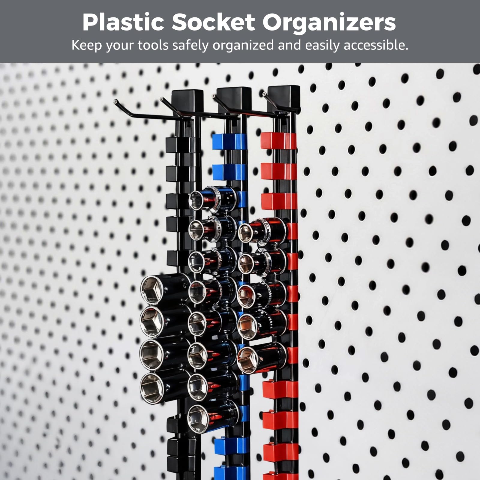 9 pezzi organizer per bussole, 1/2" con 12 clip, 3/8" con 15 clip, 1/4" con 16 clip, binari di stoccaggio per bussole, supporto in plastica, vassoi per chiavi a bussola