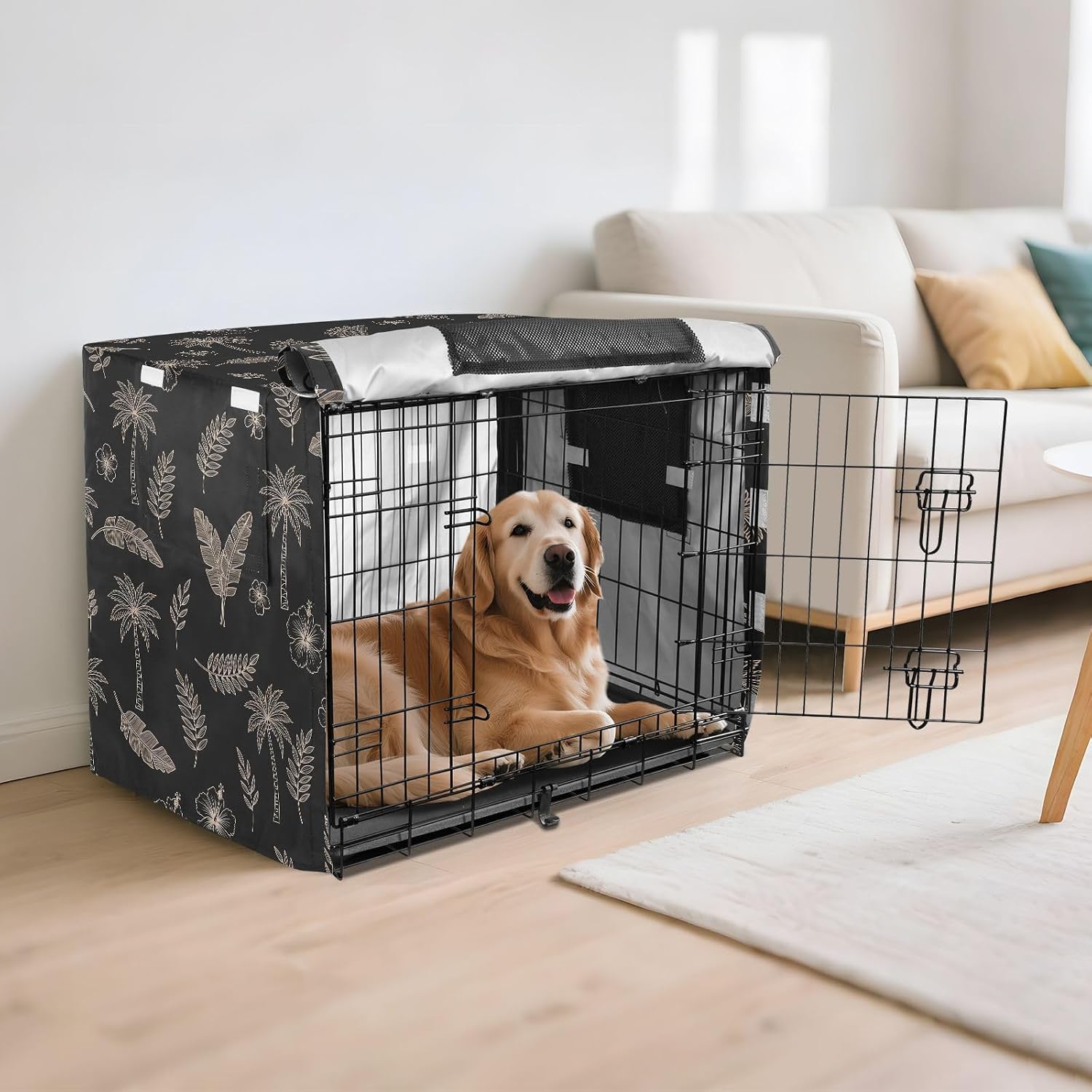 Tropical Botanical Dog Crate Cover 600D Oxford Pet Kennel Cover with Mesh Window for Dog Cages, Windproof Waterproof Machine Washable, 42"x28"x30"