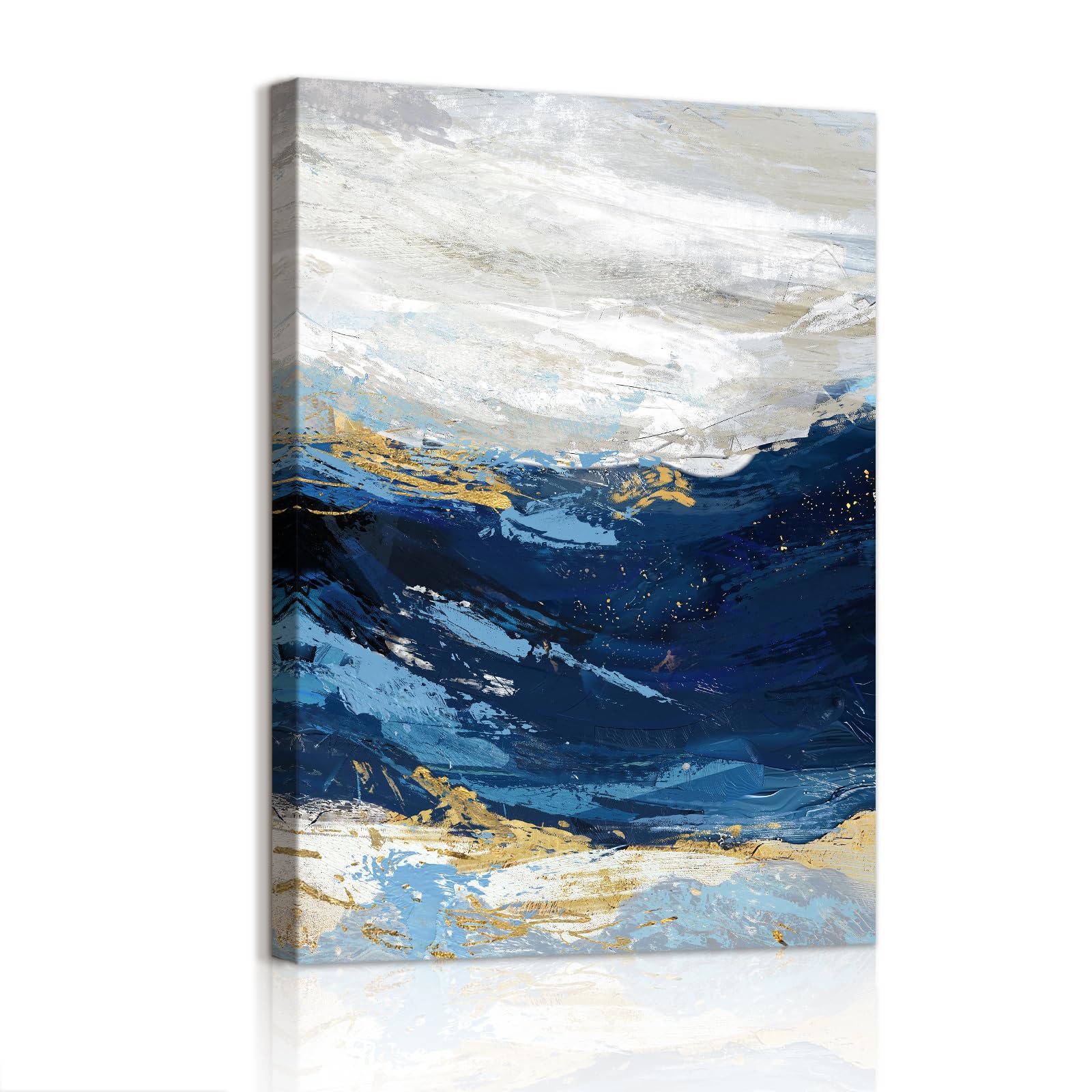 WENGTIAO Abstract Minimalist Blue Canvas Wall Art Prints Framed Pictures Navy Blue Sea Wave Gold Gray Painting on Canvas Living Room Bedroom Home Wall Decor Ready to Hang 30x40cm
