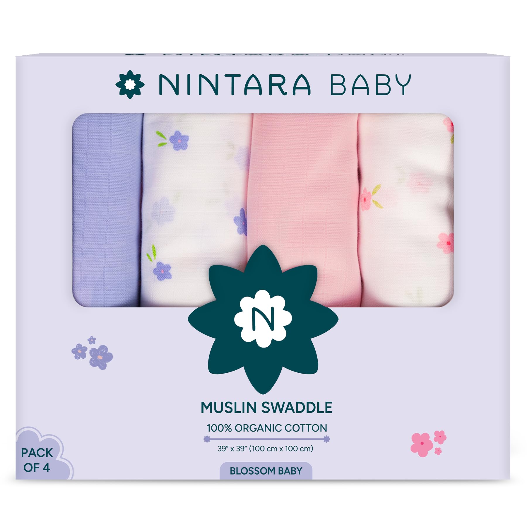 NINTARABABY Muslin Swaddle Blankets for Newborns Pack of 4, 100% Organic Cotton, Ultra-Soft & Breathable