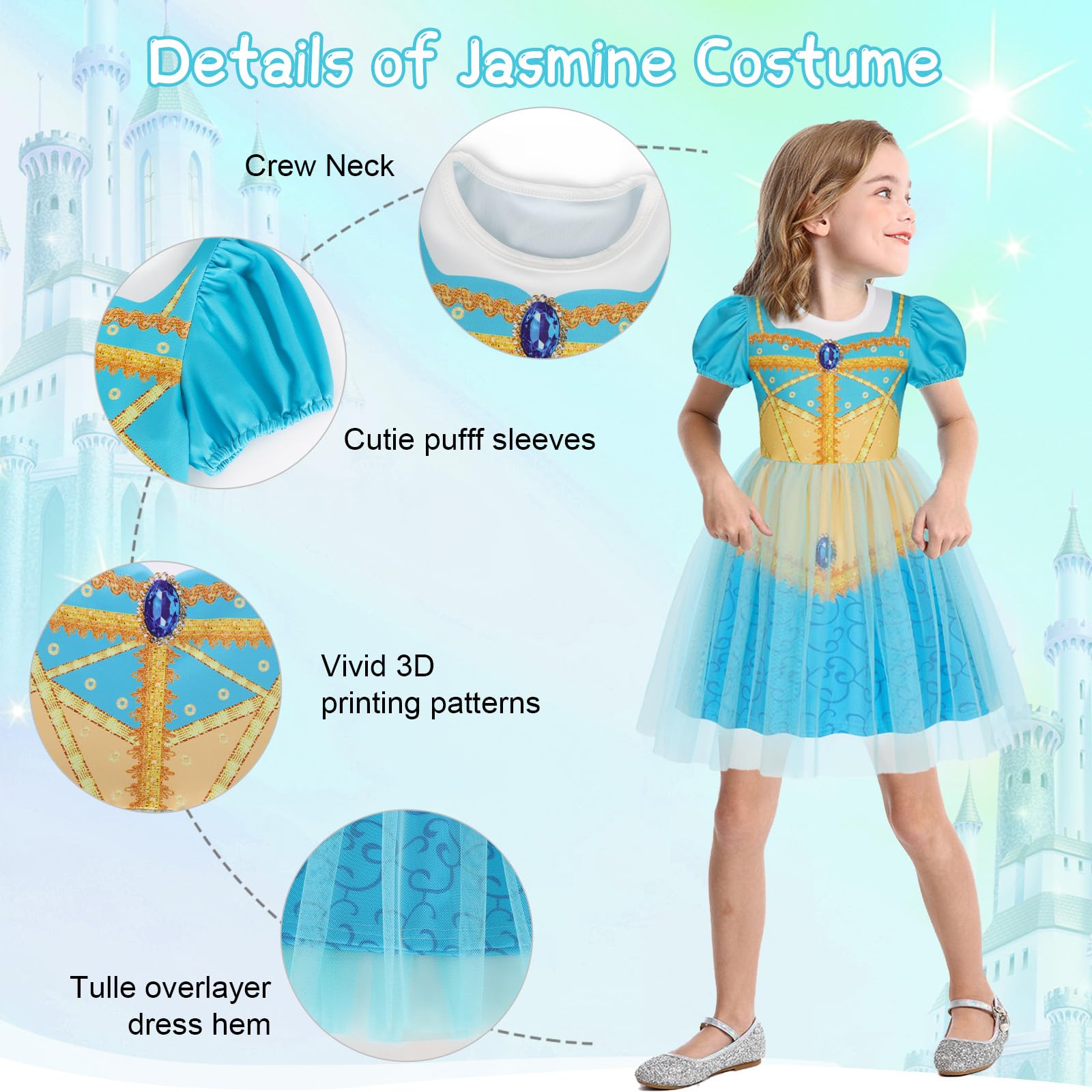 Berich 3D Print Dress Princess Costumes for Girls Dress up Birthday Party Outfits Halloween Christmas Gifts World Book Day Costumes for Girls 4-5 Years(Turquoise,120) - Image 2