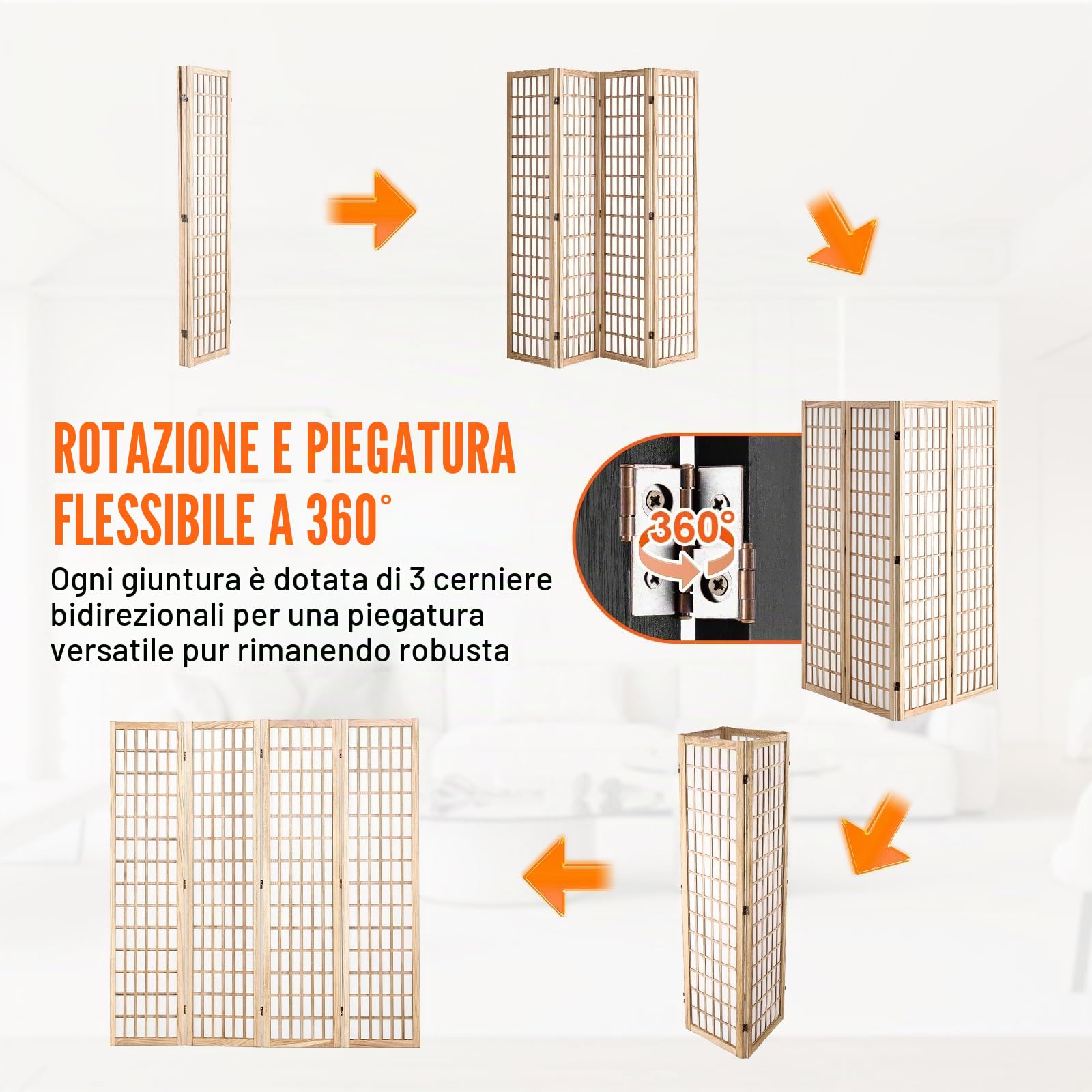 VEVOR Divisorio Giapponese per Privacy Divisorio Pieghevole, Schermo Decorativo Portatile per Separazione Spazio con 4 Pannelli Pieghevoli per Ufficio, Ristorante, Camera da Letto