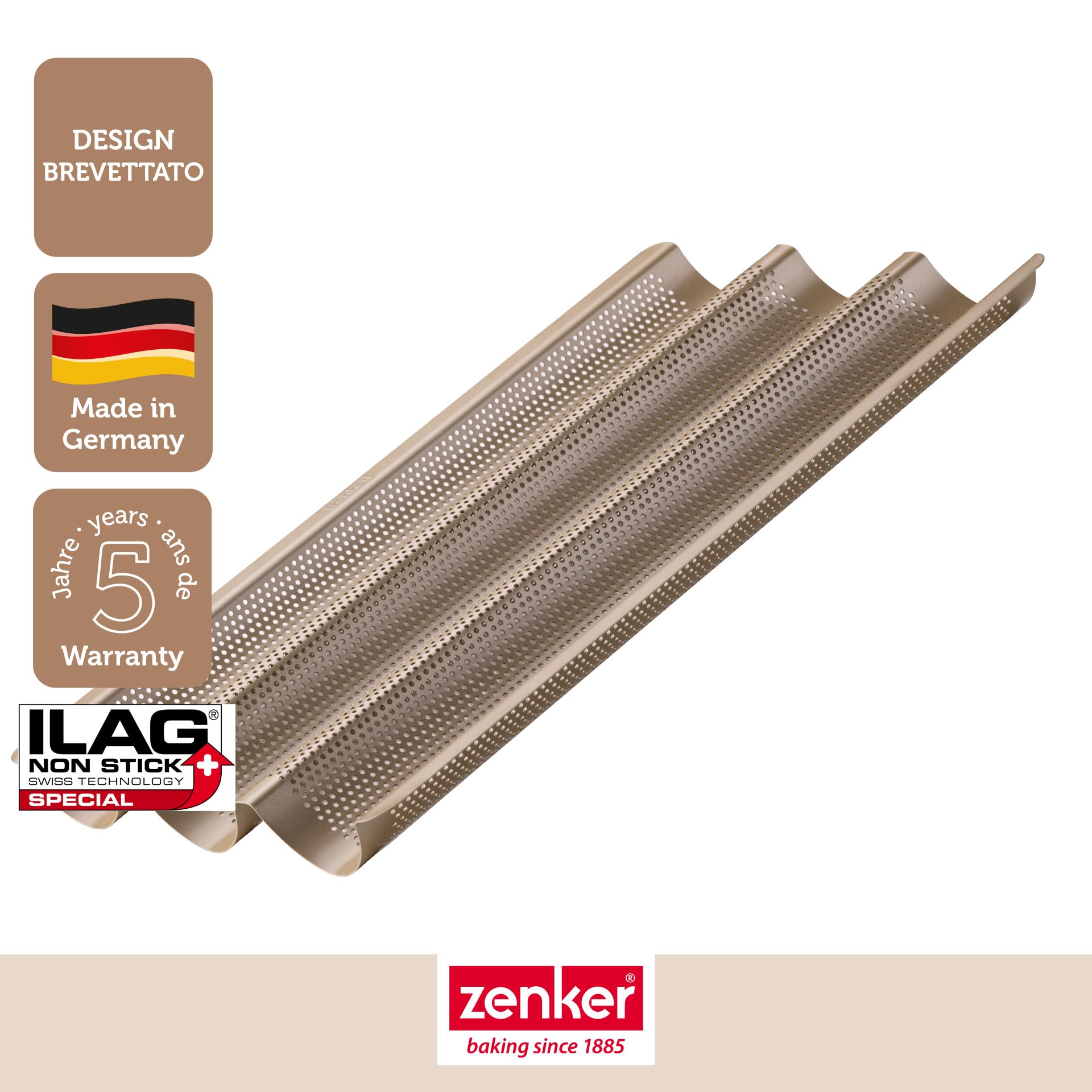 Zenker 3 teglie per baguette – Teglia perforata per baguette croccanti – Rivestimento antiaderente che impedisce l'incollaggio – Resistente al calore fino a +230°C, 38,5 x 25 x 3 cm