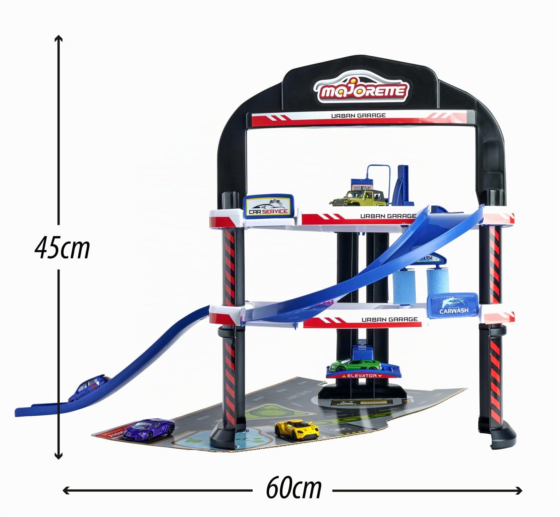 Majorette – Urban Garaje – Garaje de Aparcamiento con 5 Coches de Juguete de Metal, Gran Aparcamiento con 3 Niveles, gasolinera, Taller, Ascensor, lavadero