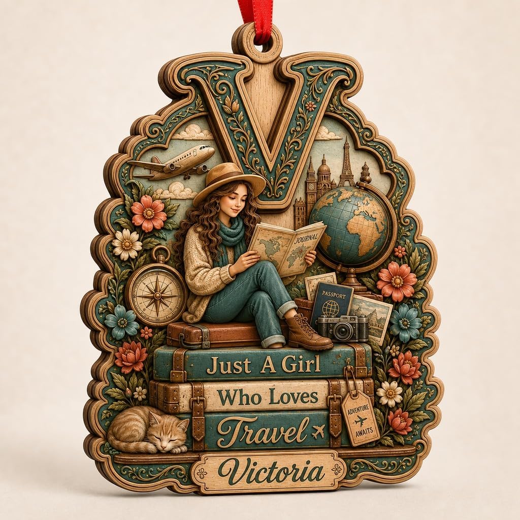 Travel Lover V 2-Layer Wooden Ornament, Personalized Initial Gift