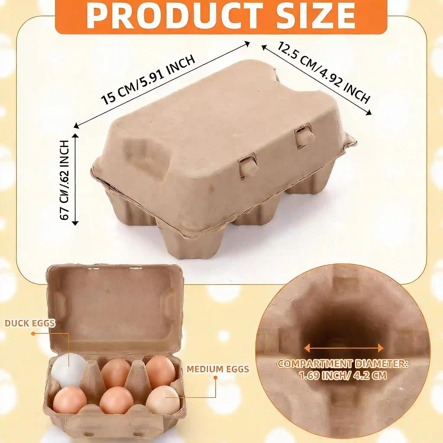 50 Pack Egg Cartons, 6 Count Paper Pulp Egg Holders, Reusable Biodegradable Egg Trays with Lids, Sturdy Recycled Cardboard Storage for Farm Fresh Eggs, Fridge, Farmers Market (Natural)