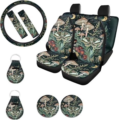 Ystardream Retro Moth Mushroom Car Seat Covers Full Set for Women Girly Car Seat Covers with Matching Steering Wheel Cover Machine Wash Automatic Interior Set Green