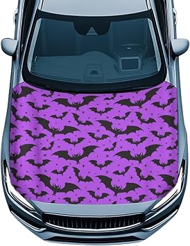 Bulopur Halloween Car Hood Cover Purple Bats Front Auto Hood Bonnet Cover Protector Stretch Polyester Fabric Covers Halloween Car Decor Accessories