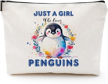 heshengzaixian Penguin Lovers Makeup Bag, Just A Girl Who Loves Penguins Cosmetic Bag for Women, Waterproof Linen Toiletry Bag Beauty Bag Purse Travel Case Pouch, Penguin Gift