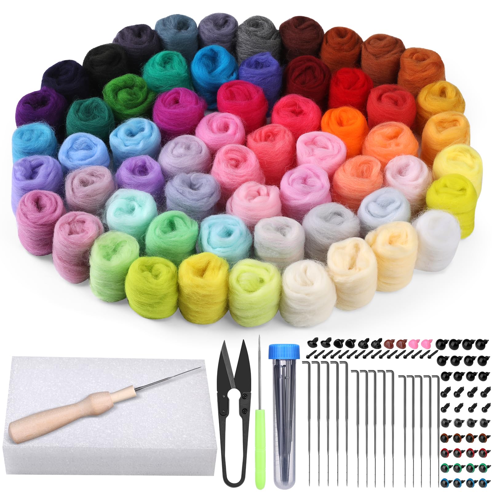 Jupean 204-teiliges Filz-Set, Nadelfilz-Set für Anfänger, 60 Farben, Wollfilzwerkzeug-Set mit farbkodierten Filznadeln, Schaumstoffmatte, Nadelfilzzubehör für Bastelarbeiten