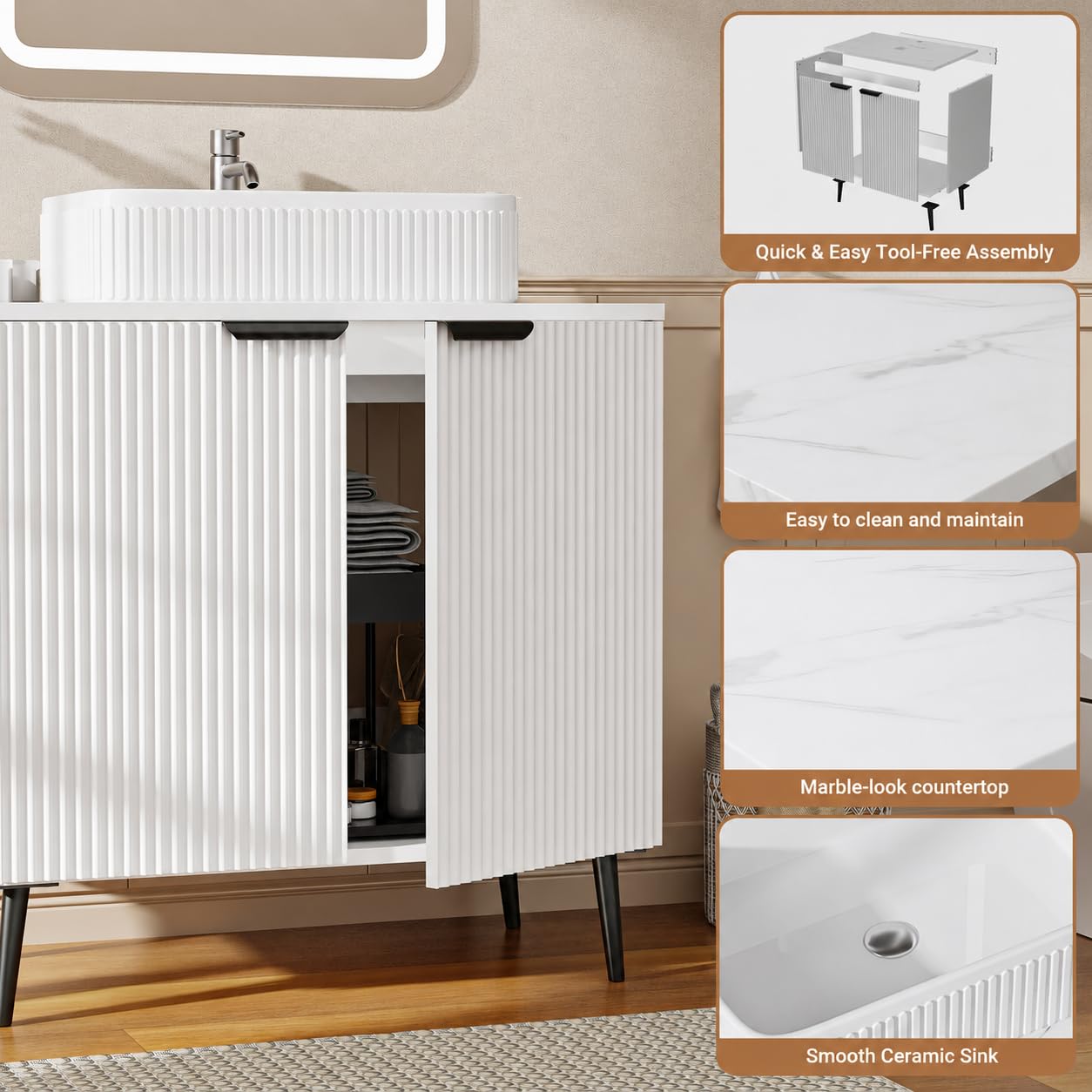 Badmöbel Set Waschbecken mit Unterschrank 75 cm Breit, Freistehend Waschtisch mit Unterschrank, Gäste-WC & Bad, Soft Close Türen, Wellen-Design, Marmorierte Waschtischplatte, Keramikwaschbecken