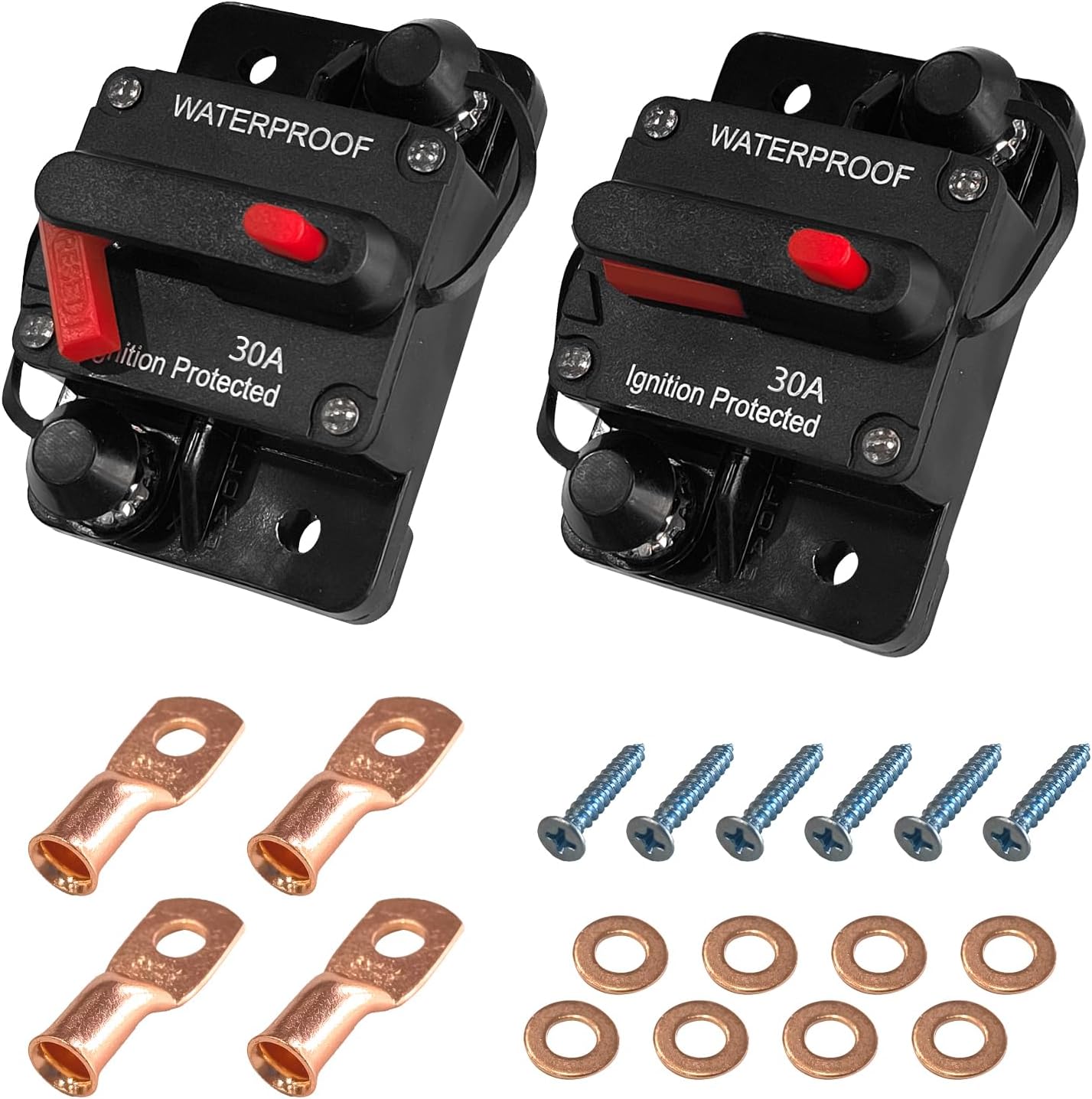 2-Pack 30 Amp Circuit Breaker DC 12V-48V with Manual Reset Switch, Waterproof IP67, Battery Disconnect Car Accessories for Marine Boat Trolling Motor RV Trailer Solar Systems