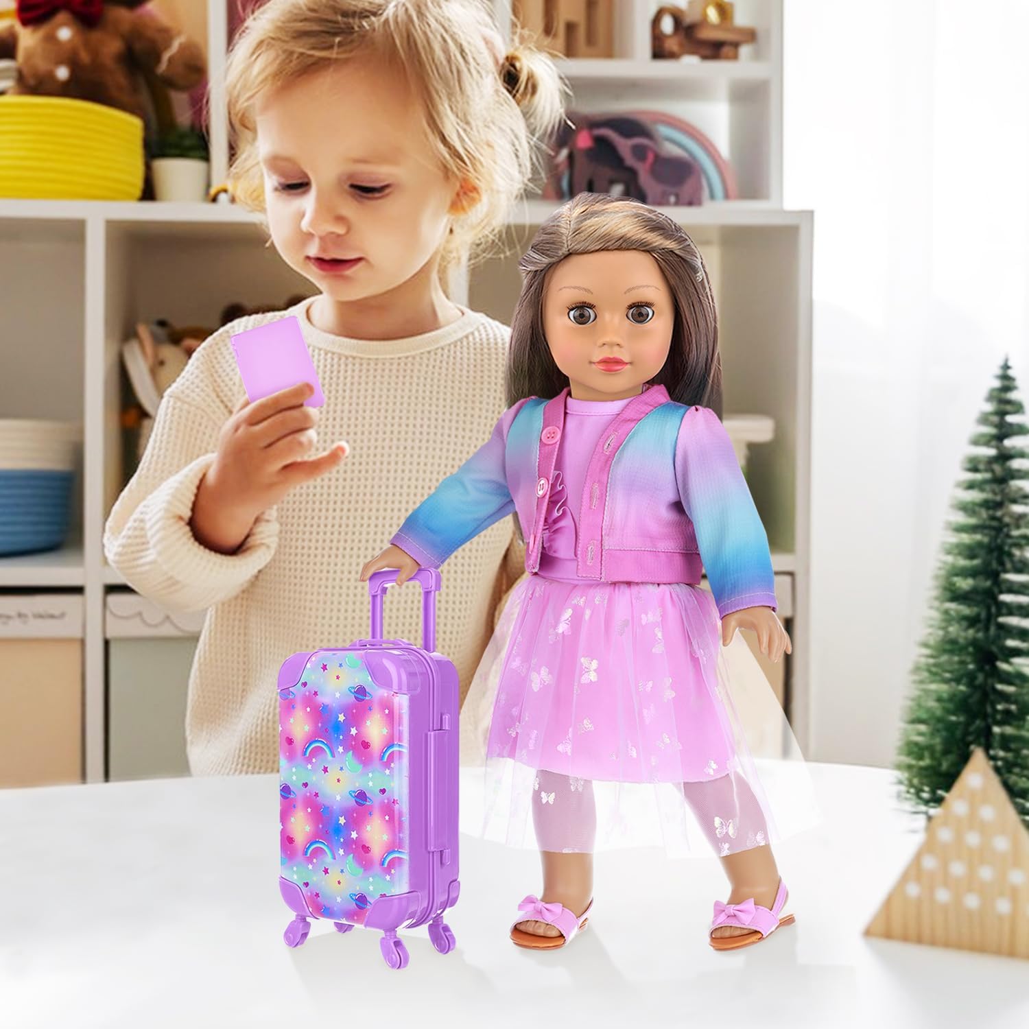 18 Inch Girl Doll Accessories Suitcase Travel Luggage Set with Carrier Storage,Clothes, Skirt,Shoes,Cross-Body Bag,Hair Hoop,Cellphone,Panel Computer(No Doll)