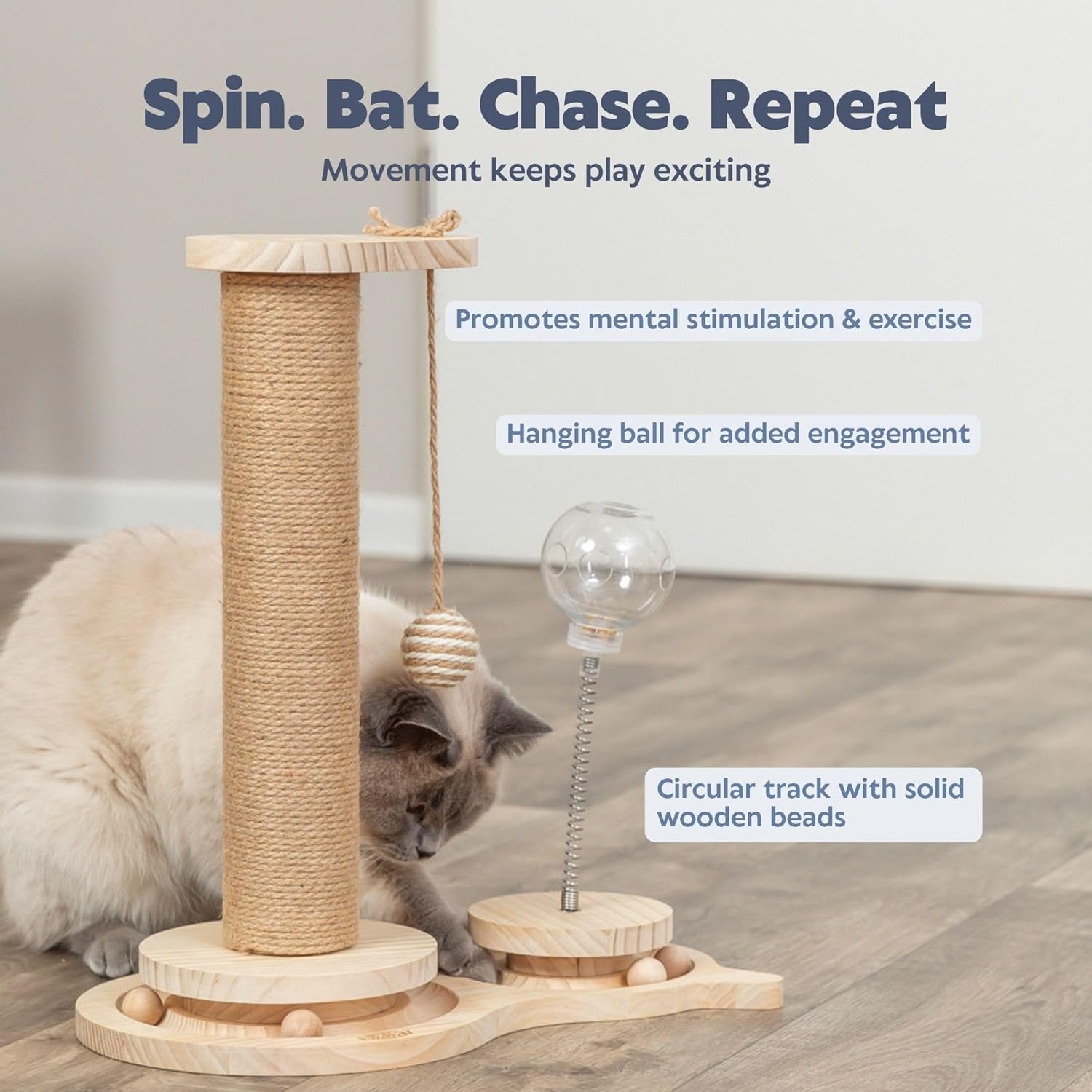 Trixie Oliver 18" Interactive Cat Scratching Post - 4-in-1 Indoor Small Cat Furniture with Jute Post, Treat Cup, Wooden Track & Hanging Ball