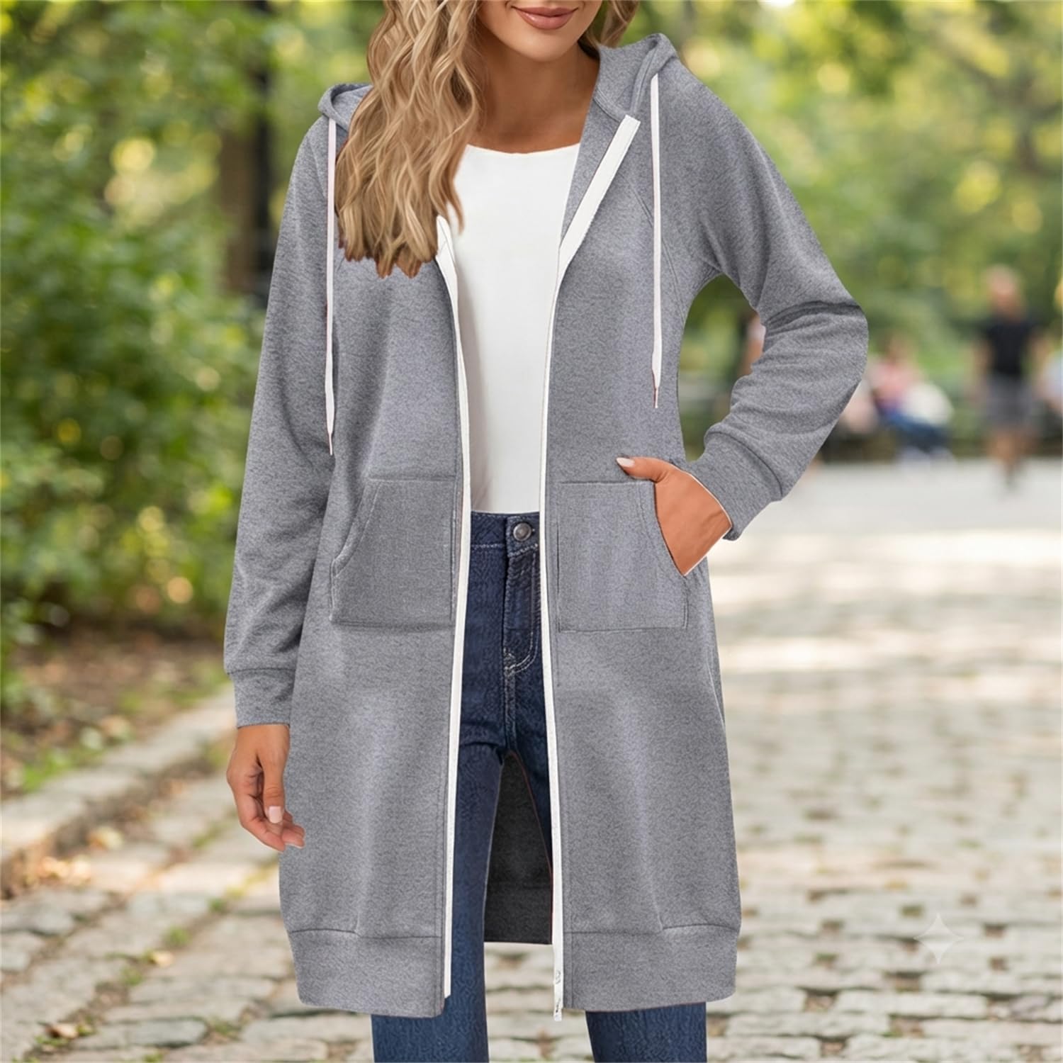 Długie bluzy z kapturem dla kobiet zapinana na zamek polarowa oversize bluza z długim rękawem | Swobodne bluzy z podwójnym zamkiem błyskawicznym, luźny krój z kieszeniami modne jesienne zimowe ubrania Y2k