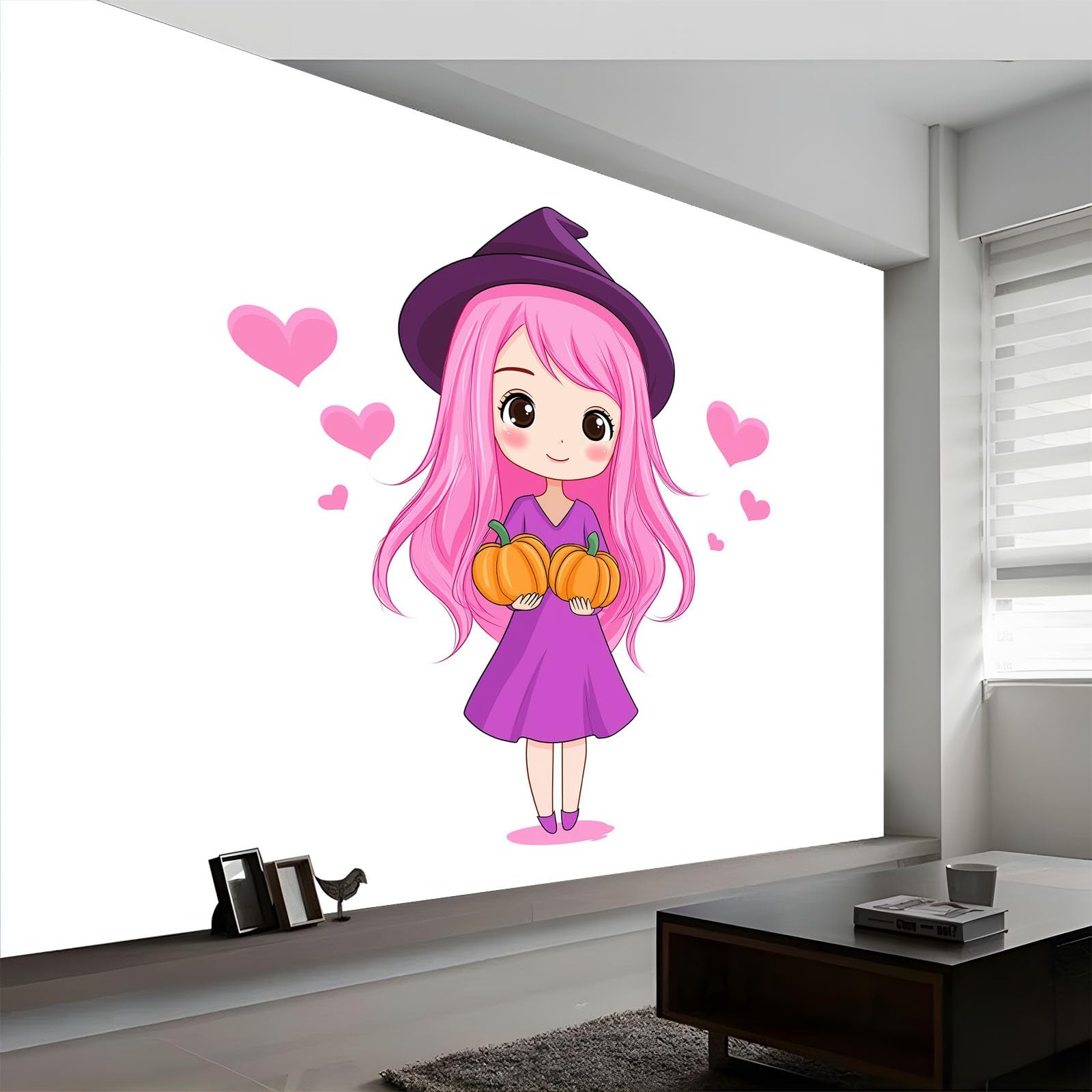 Motyw Halloween panoramiczny plakat tapeta 350 x 256 cm (szer. x wys.), kreskówka różowa czarownica dynia tapeta mural na ścianę akcentującą do sypialni salonu przedpokoju - wodoodporny i zdejmowany