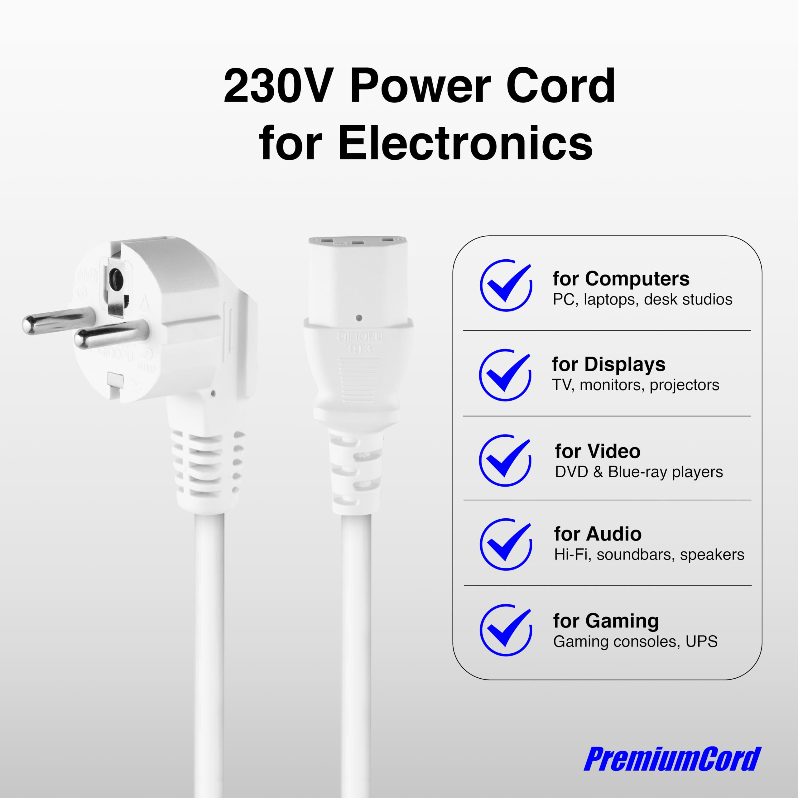 PremiumCord Kabel Zasilający 230V 5m, Kabel Zasilający ze Stykiem Uziemiającym pod Kątem do Gniazda C13, IEC 320, Kabel Zasilający PC 3-pin, 5m, Biały