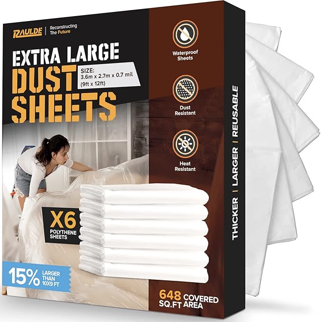 RAULDE 6 Pack Large Plastic Dust Sheets for Decorating & Painting- 3.6m x 2.7m (12ft x 9ft) - Polythene Sheeting for Furniture & Floor Protection - Waterproof & Tear Resistant Drop Cloth