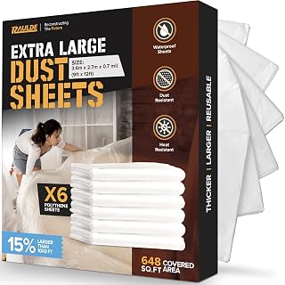 RAULDE 6 Pack Large Plastic Dust Sheets for Decorating & Painting- 3.6m x 2.7m (12ft x 9ft) - Polythene Sheeting for Furniture & Floor Protection - Waterproof & Tear Resistant Drop Cloth