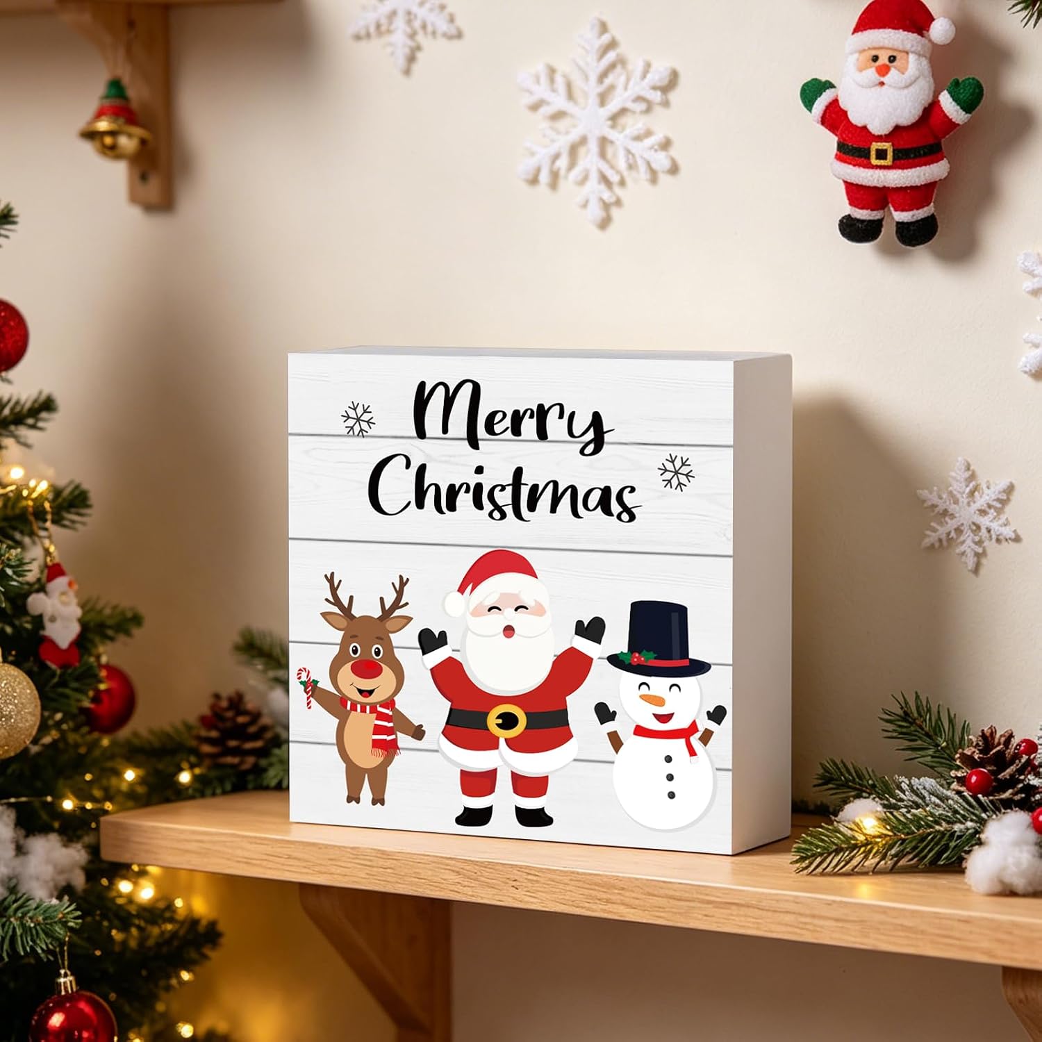 Christmas Decorations Indoor Christmas Decor Table Home Room Office Bathroom Santa Claus Snowman Reindeer Wood Box Sign Rustic Wooden Shelf Desk Decor Season Sign House Warming Gifts 5.9 x 5.9 Inch