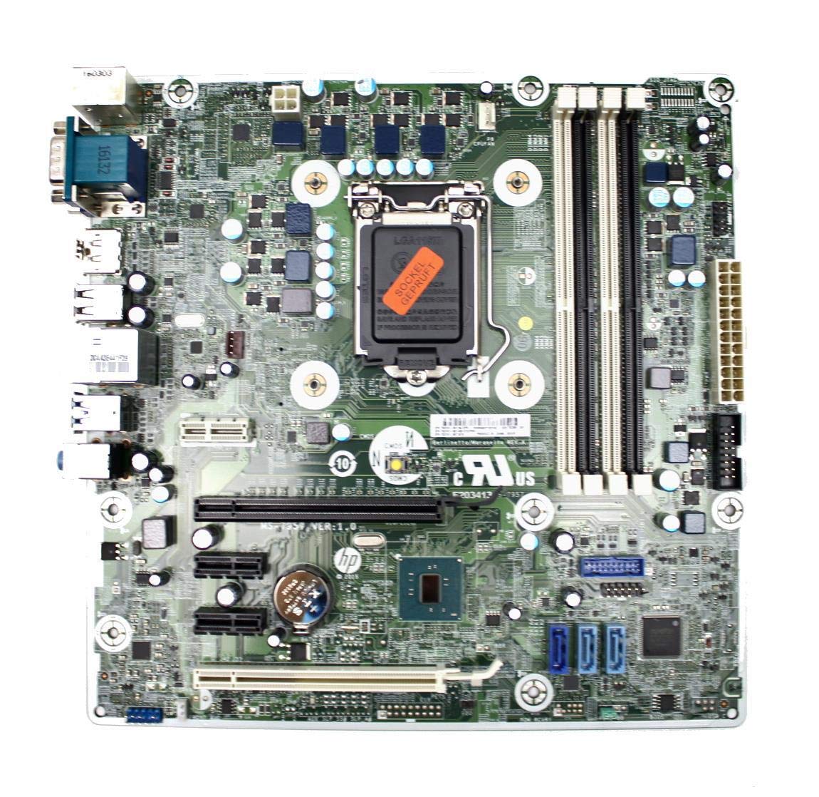Rear I/O panel of the HP ProDesk 400 G3 MS-7957 motherboard, showing various ports like USB, VGA, DisplayPort, Ethernet, and audio jacks.