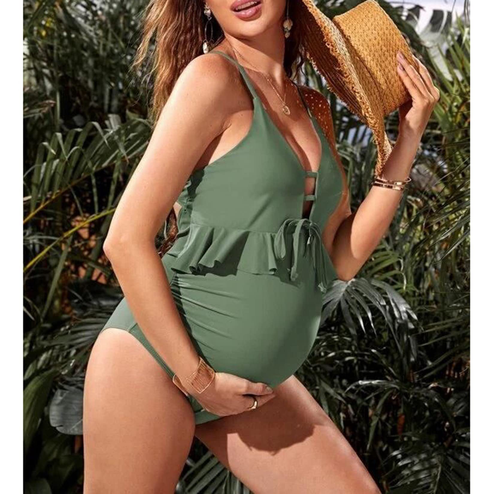 Pieza Falsa De Dos Piezas De Maternidad Swimsuits De Lunares Traje De Baño V Cuello Volante Halter