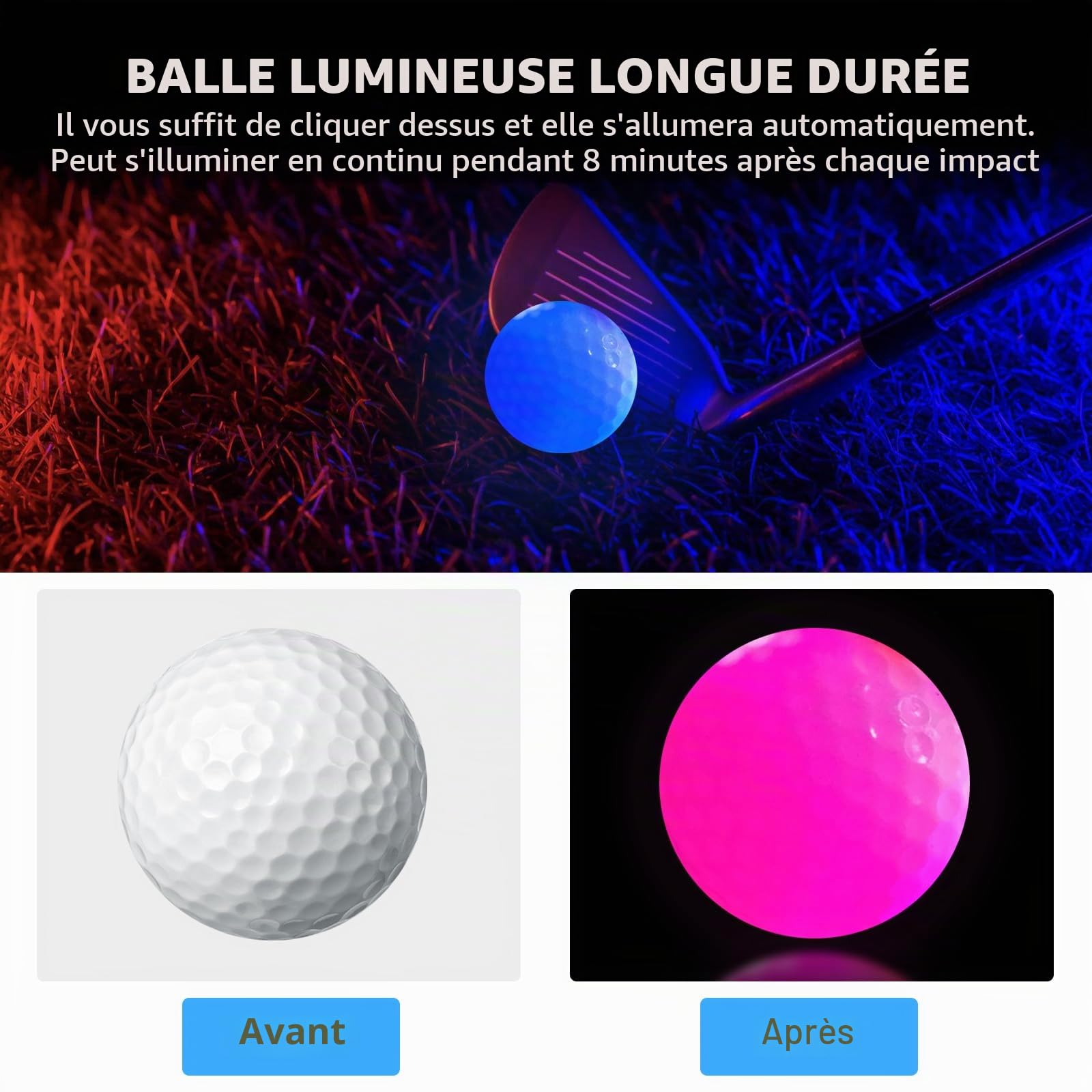 Lot de 6 balles de golf lumineuses à LED multicolores - Balles de golf lumineuses - Idéales pour l'entraînement de nuit