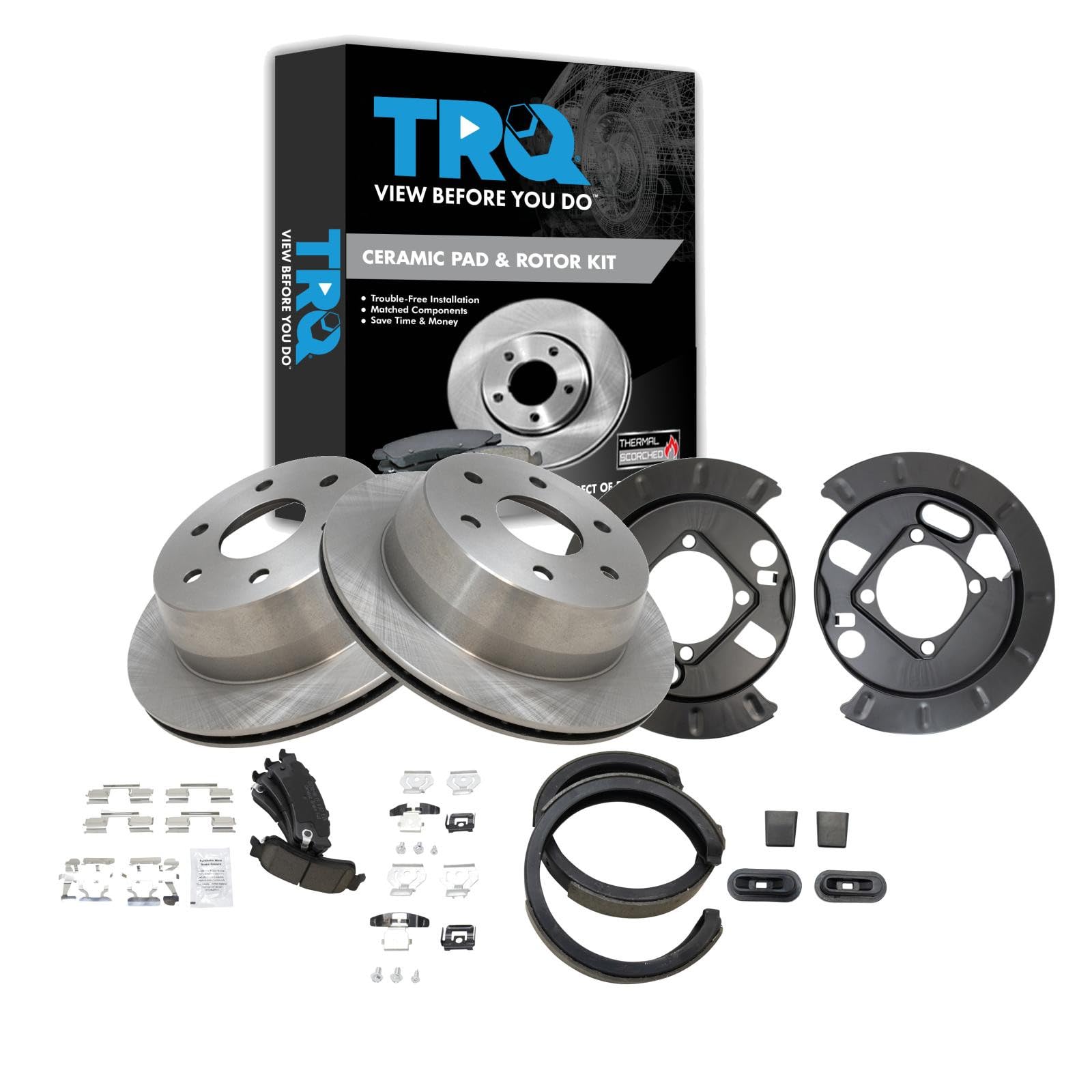 TRQ Rear Brake Pad &amp; Rotor Set Ceramic Vented Rotors Parking Shoes Backing Plate Compatible with 1999-2007 Chevy Silverado 1500 2000-2001 Tahoe GMC Yukon XL 1500 2003-2005 Astro 2000-2007 Sierra 1500