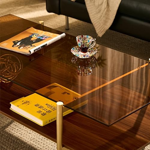 Miniatura 60 de Saint Mossi Tadio - Mesa de centro de vidrio de doble capa para sala de estar, estante inferior de MDF marrón y café Vidrio marrón y marrón