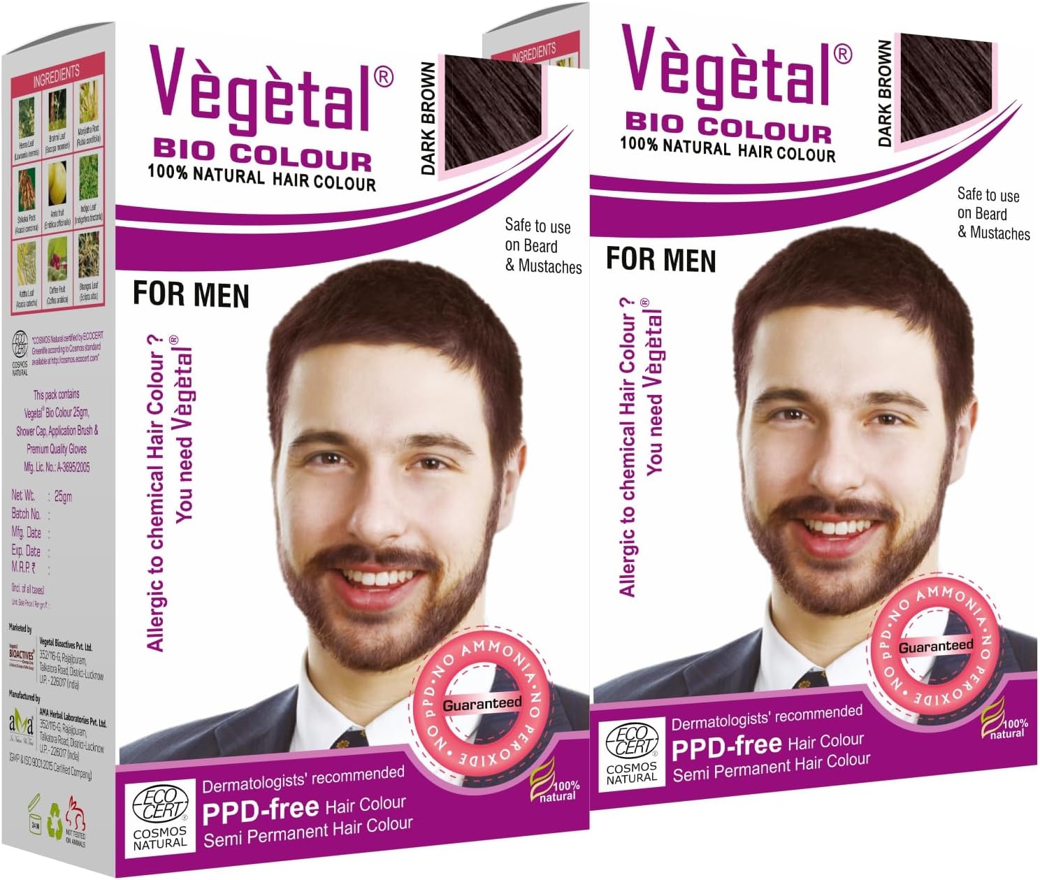 Bio Colour - Experience Dark Brown Beard Hair Color for Men, Ammonia-Free, PPD-Free, 100% Organic, and Herbal, Safe and Effective Beard Dye, Complete Kit Included 25g (Pack of 2)