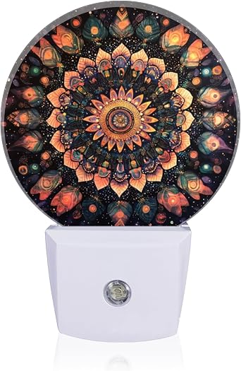 LED Night Lights Lamp with Dusk to Dawn Sensor, Orange Blossom in Mandala Style Night Light Plug Into Wall for Kids Room, Bedroom, Bathroom, Kitchen, Hallway