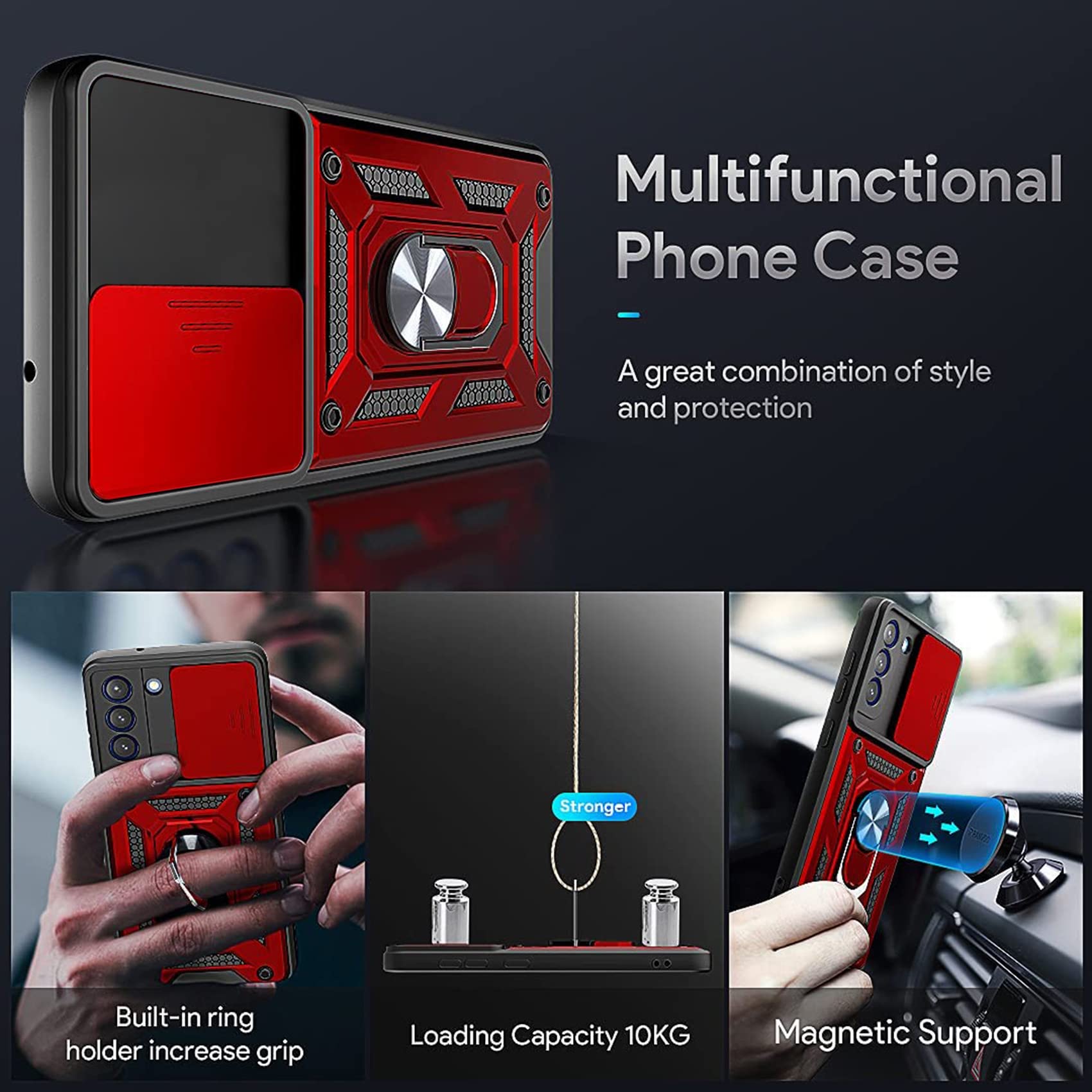 Hi-Case Custodia Realme 9 Pro+ / 9 4G Con Sportello Scorrevole Fotocamera E Anello Magnetico - Rossa, Antiurto - 5