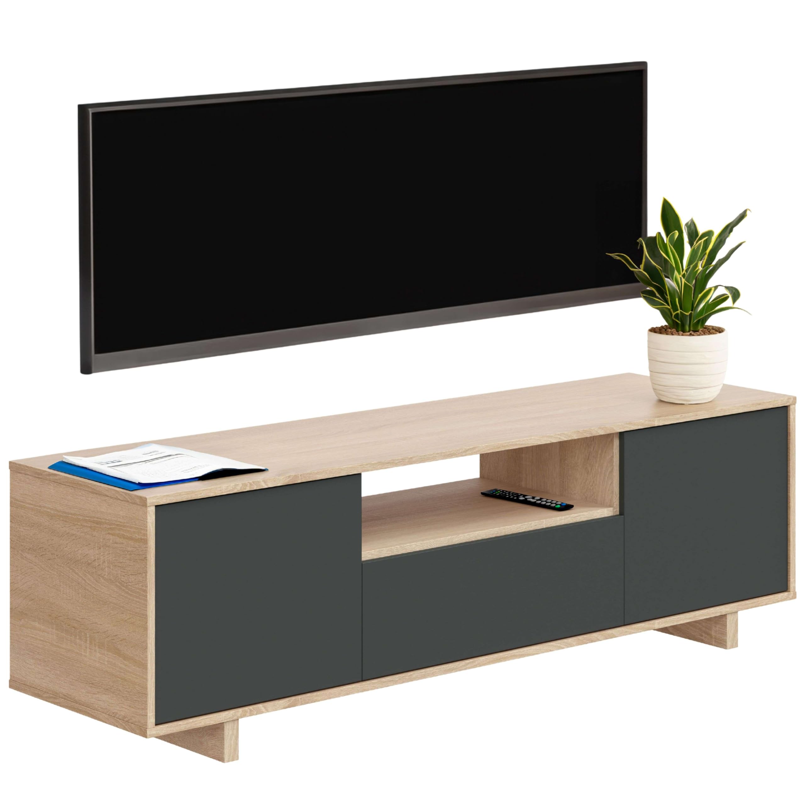 Habitdesign Modulo TV, Mueble de Salon, Juego de Muebles, Modelo Zaira, Acabado en Roble Canadian y Gris Antracita, Medidas: 150 cm (Ancho) x 46 cm (Alto) 41 cm (Fondo)