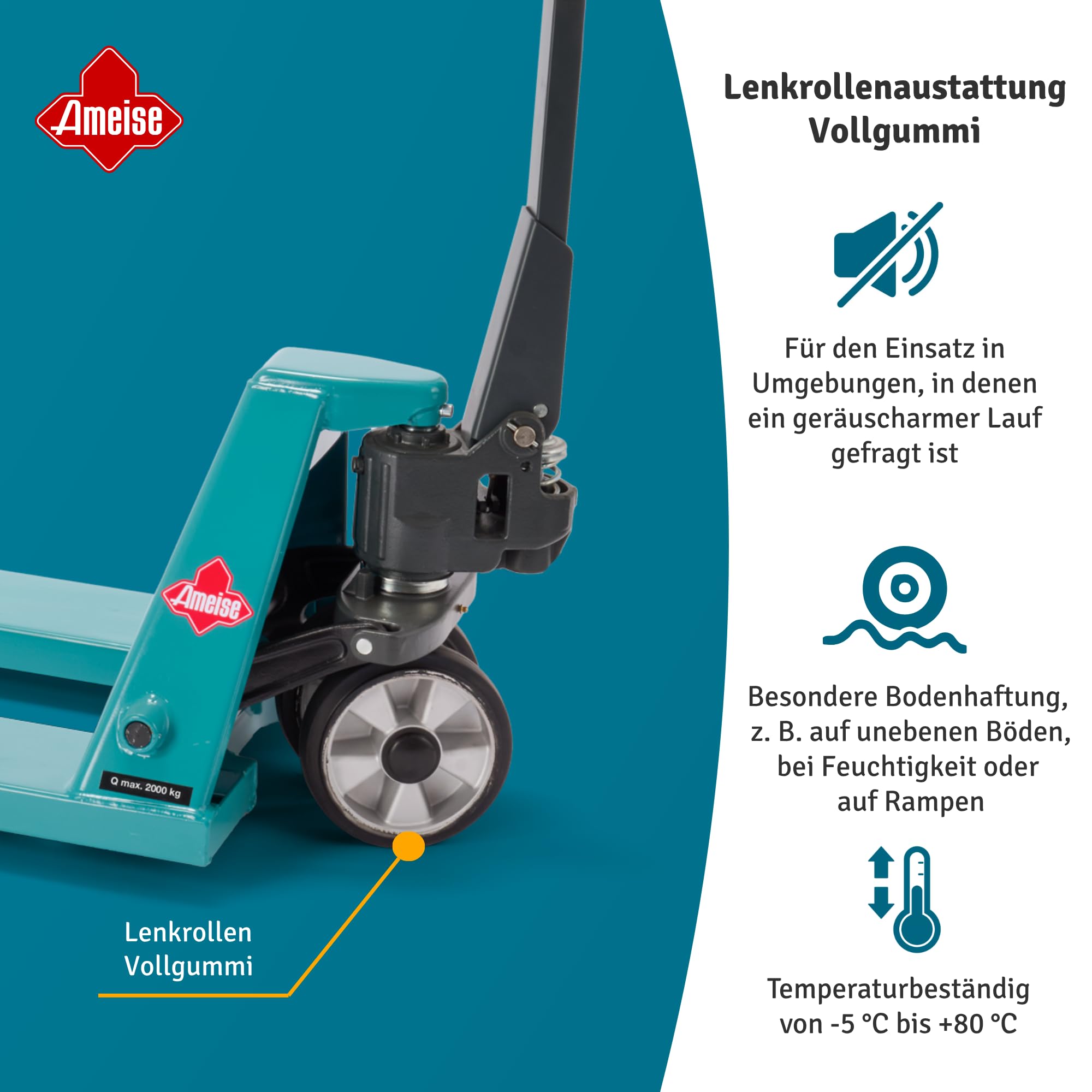 Ameise Hubwagen PTM | 2.000 kg Tragkraft | 1.150 mm Gabellänge | Lenkrad aus laufruhigem Vollgummi | Tandem-Gabelrollen aus robustem Polyurethan | Palettenhubwagen