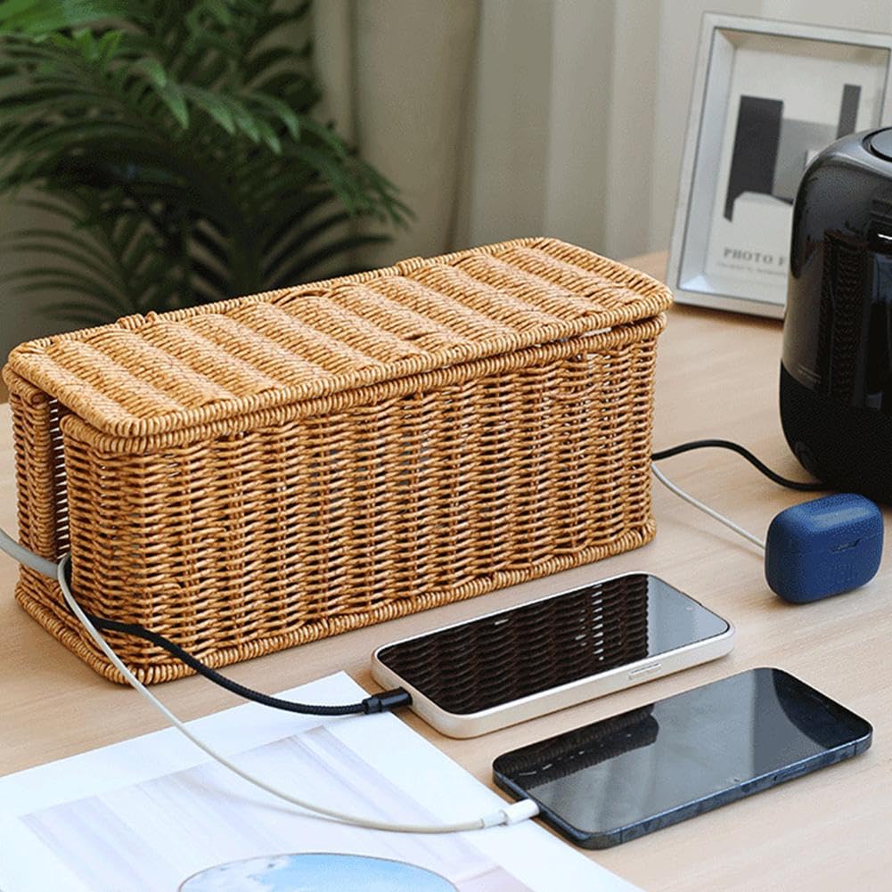 ZOUBAOQ Boîte De Gestion De Câbles Artisanale En Rotin Organisateur De Câbles Panier De Rangement De Cordons Pour Cacher Le Routeur Sous Le Bureau Organisateur De Cordons Pour Câbles TV Routeur