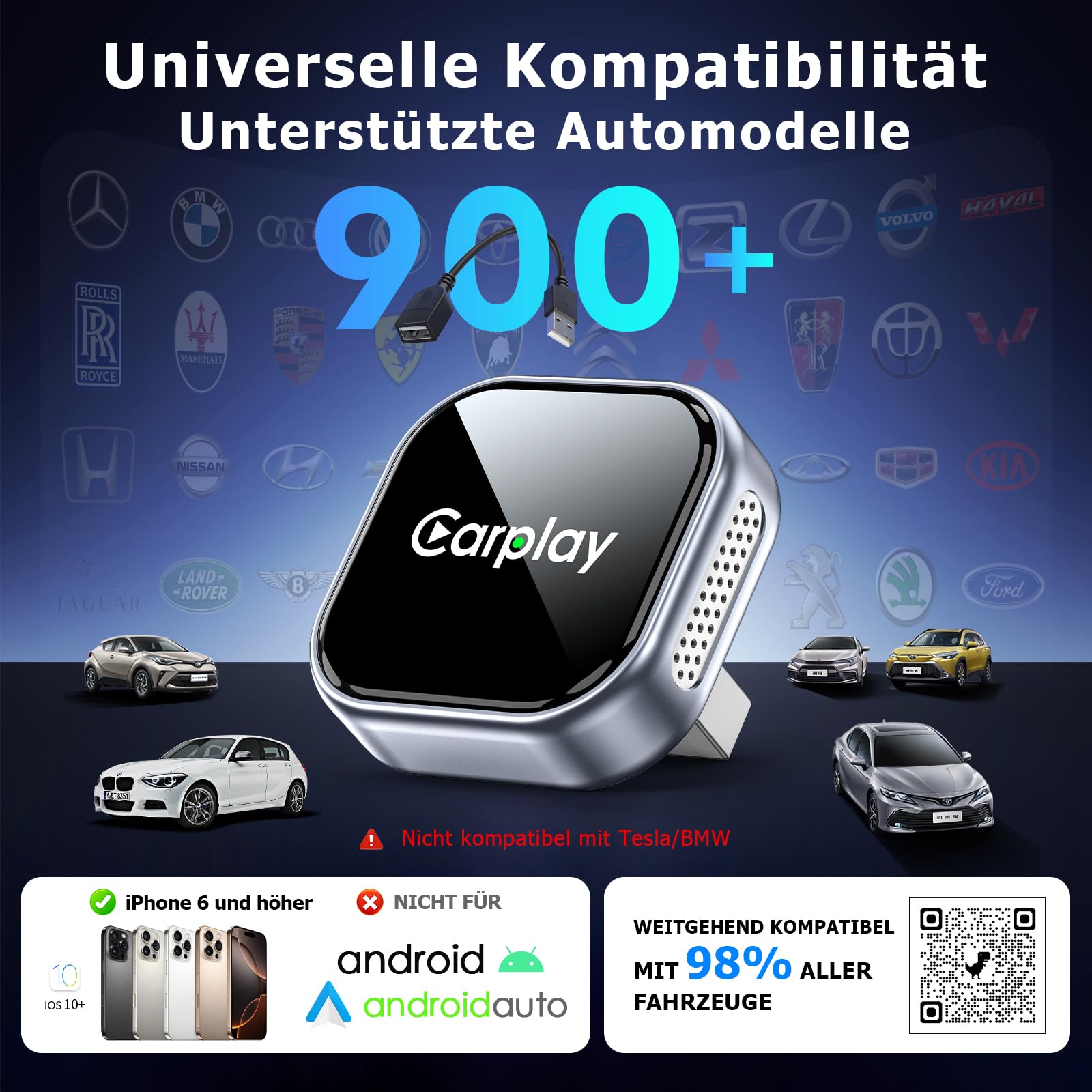 Wireless Carplay Adapter Für iPhone, Wandelt Kabelgebundenes Carplay in Kabelloses Um, Plug & Play,Mini & Stabiler, Kompatibel Mit iOS10+,Stabile Steuerung & Keine Verzögerungb