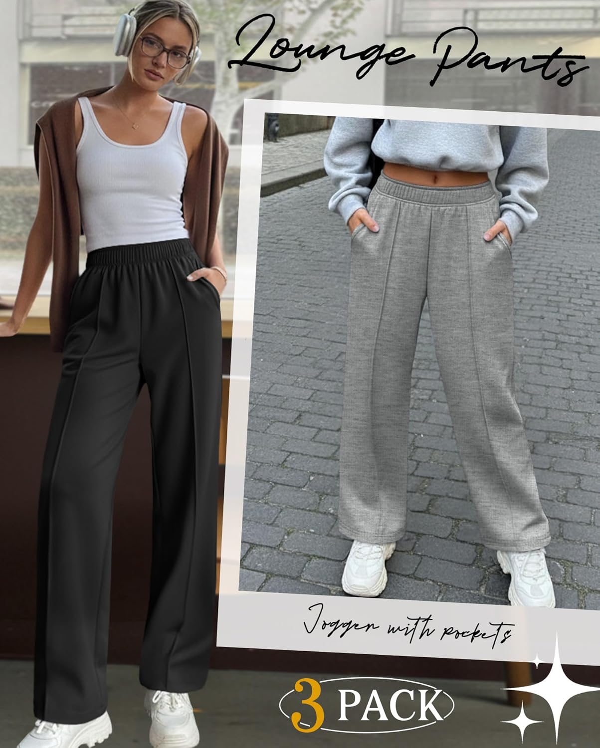 Neer 3 Pack Women's Wide Leg Sweatpants Baggy High Waist Straight Yoga Pants Open Bottom Jogger with Pockets - Image 3