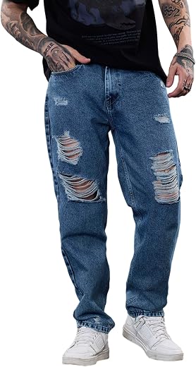 SNITCH Revolution Blue Distressed Baggy Fit Jeans