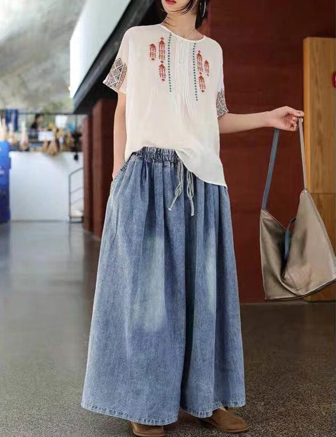 HaoMay Women's Loose Baggy Wide Leg Jeans High Elastic Waist Palazzo Pants - Image 2