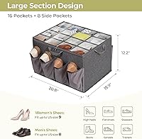 Vista 2 de Shoe Organizer for Closet, Shoe Storage Solution with Clear Cover & Adjustable Dividers, Fabric Shoe Box Fits 16 +8 Pairs Shoes, Grey, 1-Pack