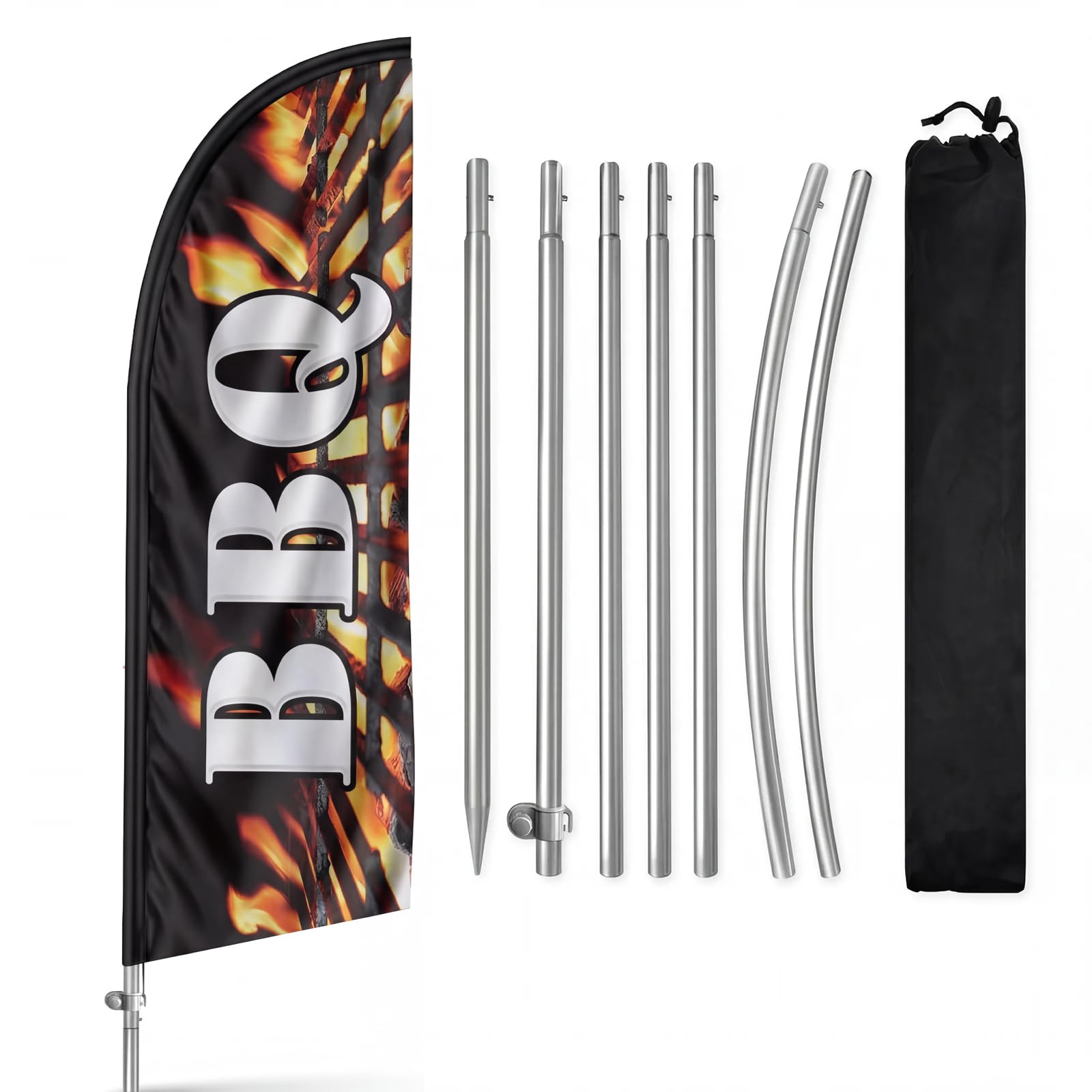 QSUM 8FT Barbecue Signs for Business, BBQ Swooper Flag, Eye Catching Advertising BBQ Banner with Stainless Steel Flagpole, Ground Stake and Polyester Flag